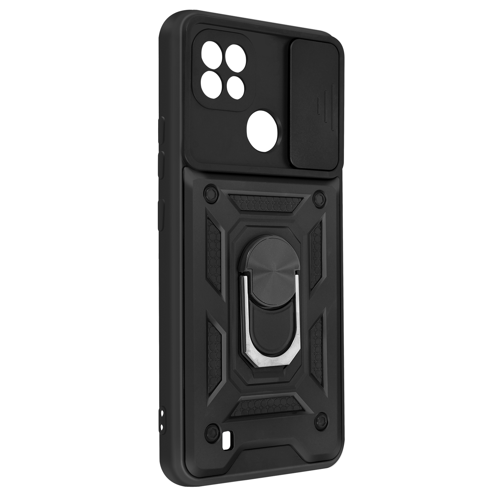 Custodia per telefono nera con copertura per fotocamera e supporto ad anello. Design nero e grigio. Sfondo bianco.