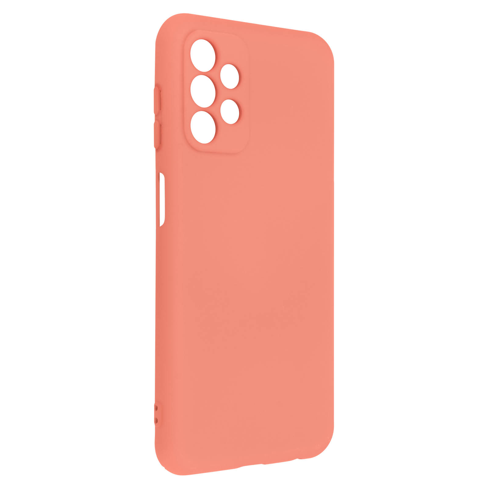 Een perzikroze telefoonhoes op een witte achtergrond.