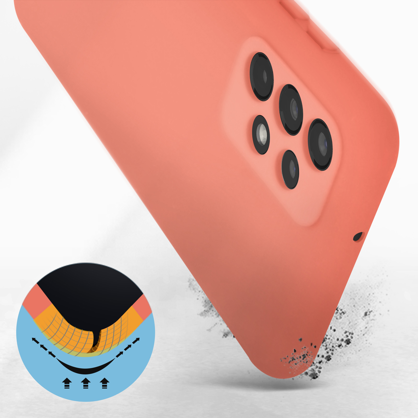 Perzik telefoonhoes met camera-uitsparingen. De hoes heeft een beschermend ontwerp.