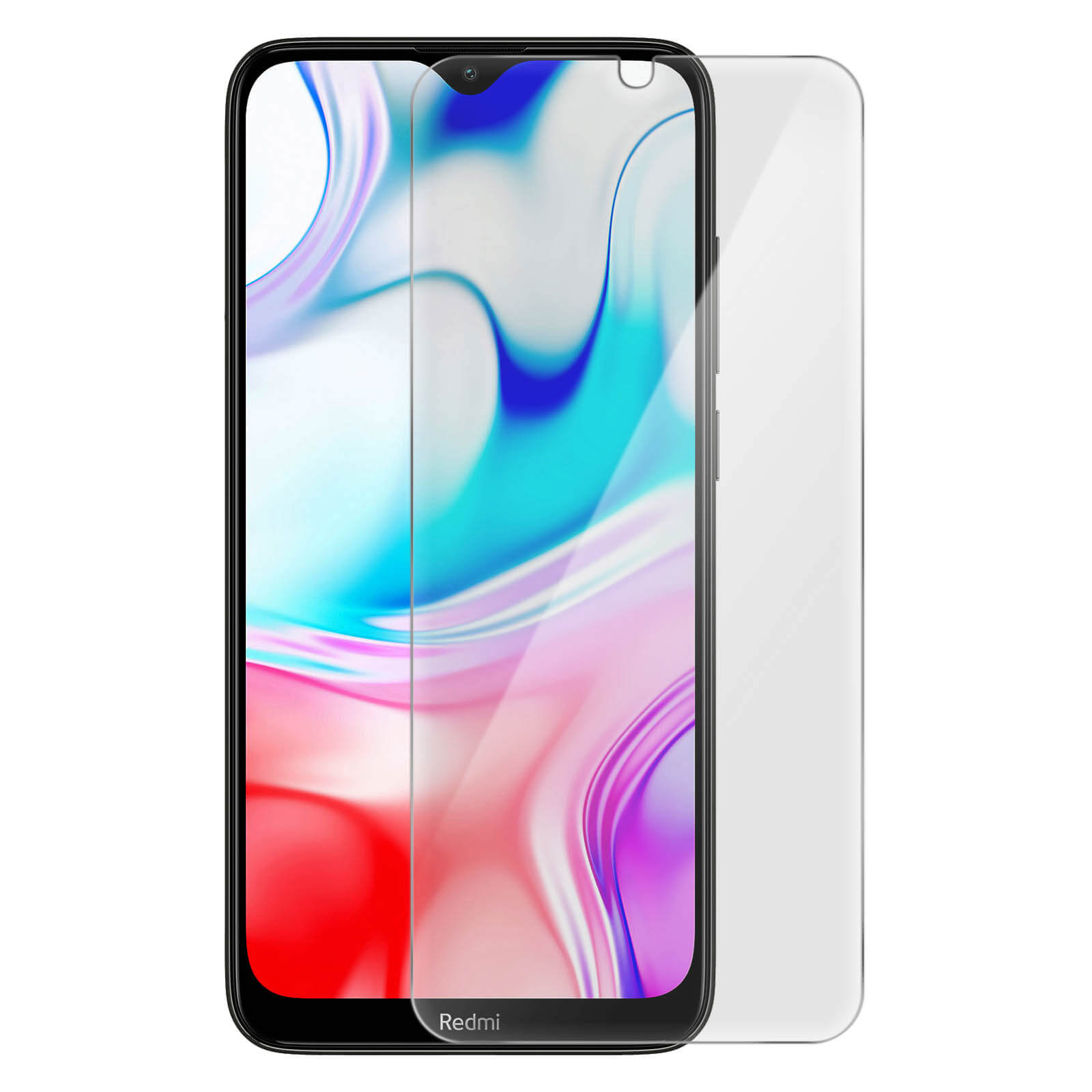 Een telefoon met een schermbeschermer op een witte achtergrond. Het scherm toont een kleurrijk beeld.