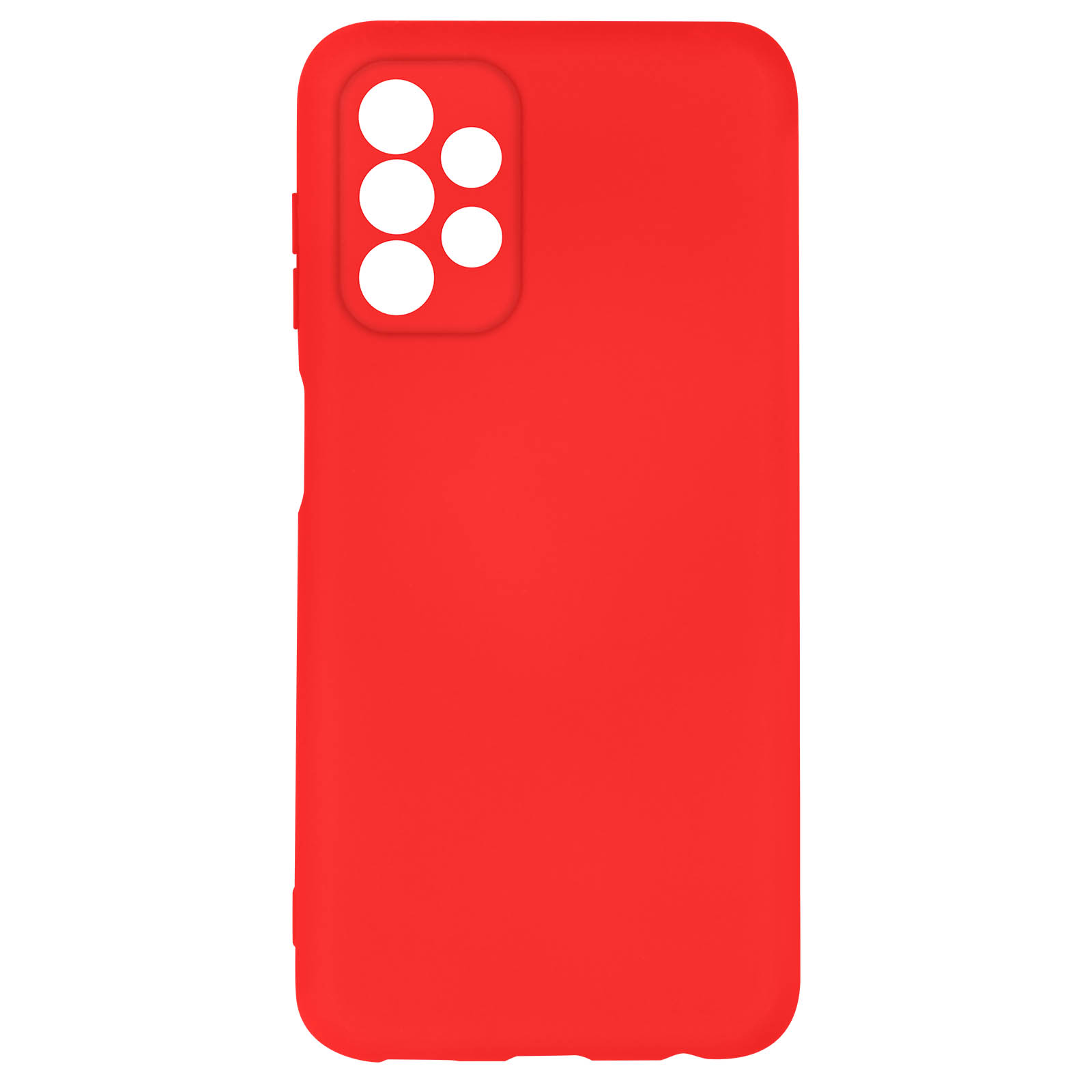 Rode telefoonhoes. Het heeft een effen rode kleur, met uitsparingen voor de camera en knoppen.