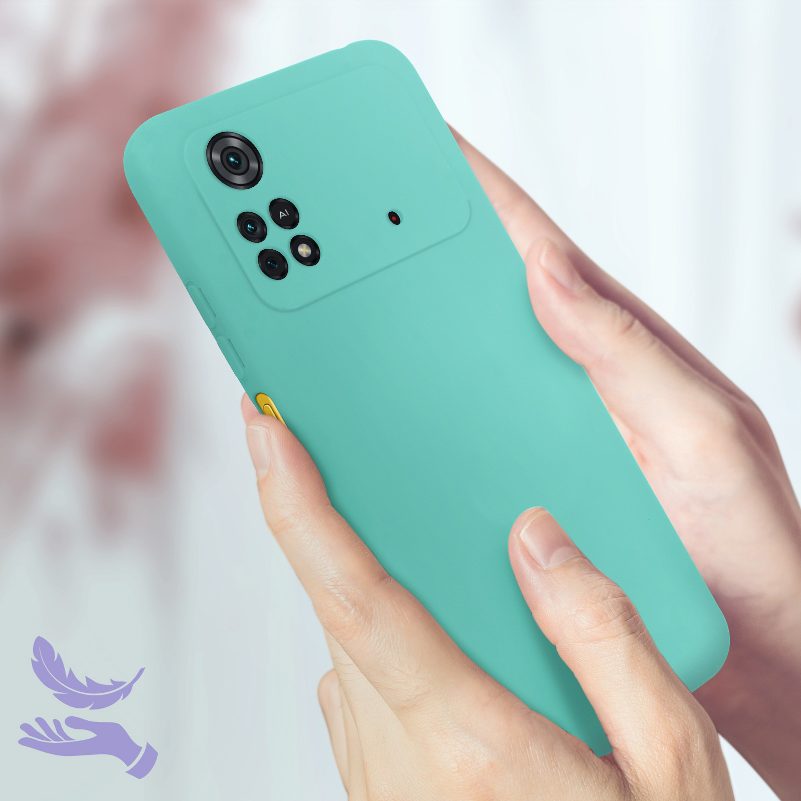 Mani che tengono una custodia per telefono verde acqua. La custodia ha una fotocamera e le mani sono a fuoco.