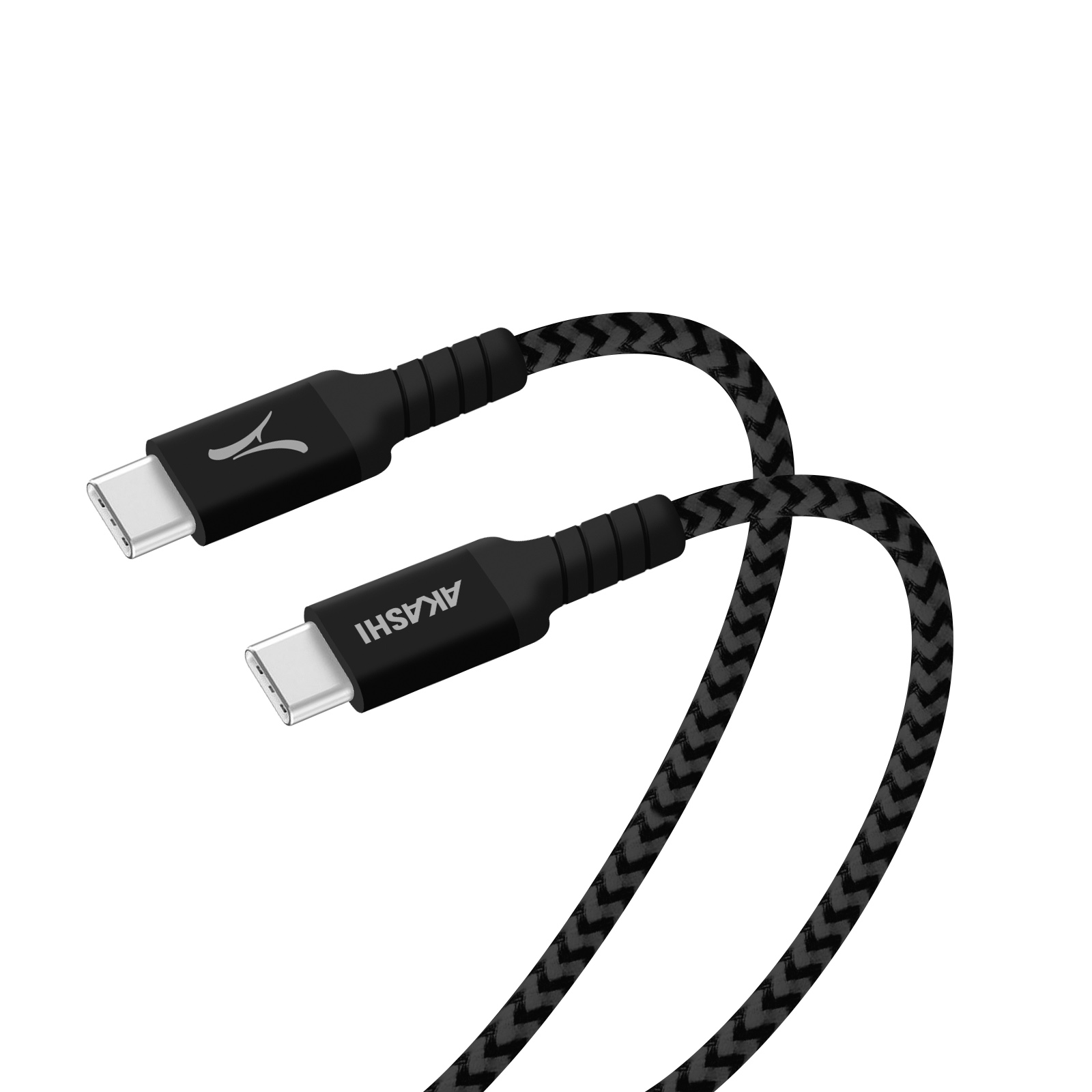 Cavo USB-C intrecciato nero. Il cavo ha AKASHI stampato sopra. Entrambe le estremità hanno connettori USB-C.