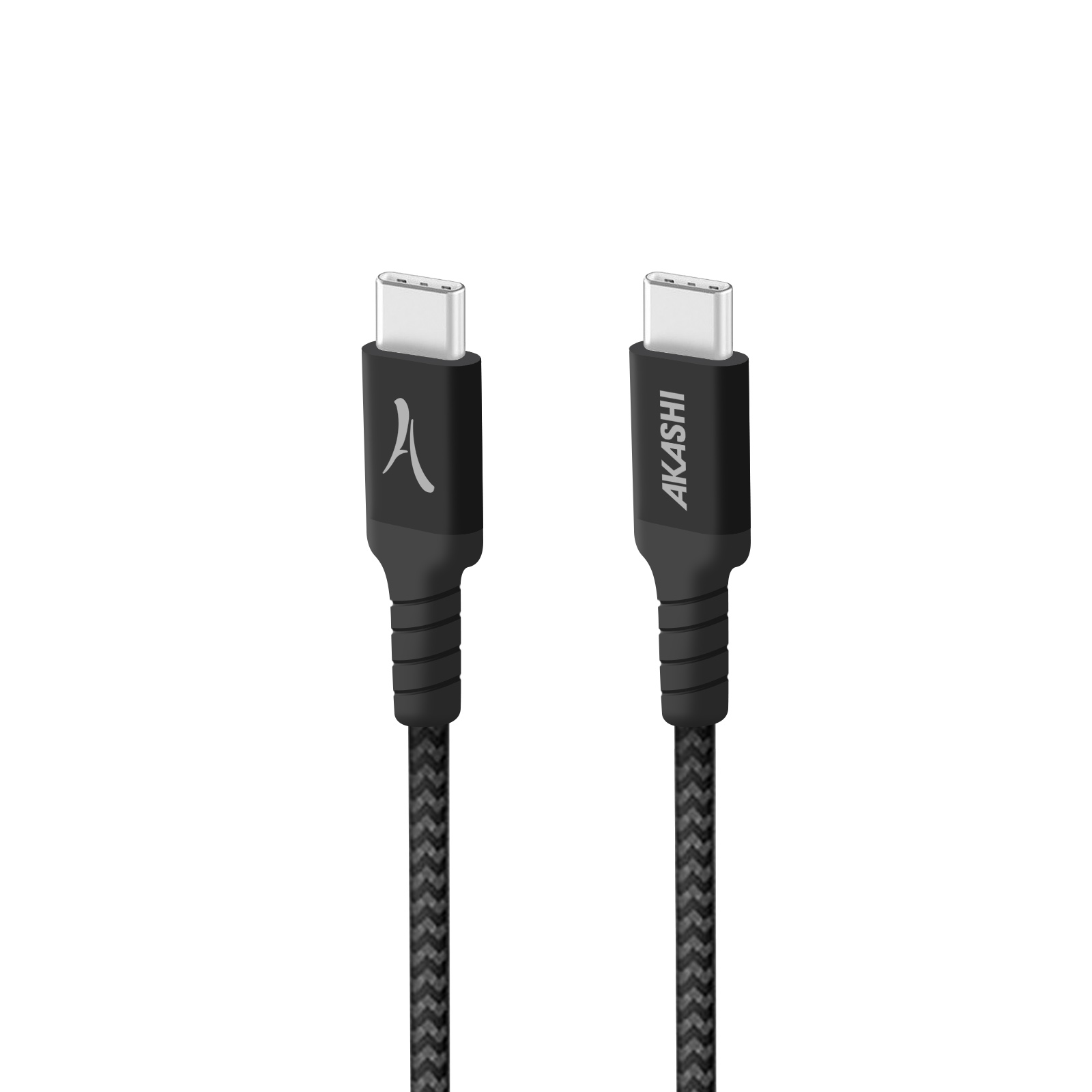 Due cavi USB-C neri con logo AKASHI. Sfondo bianco e nero.