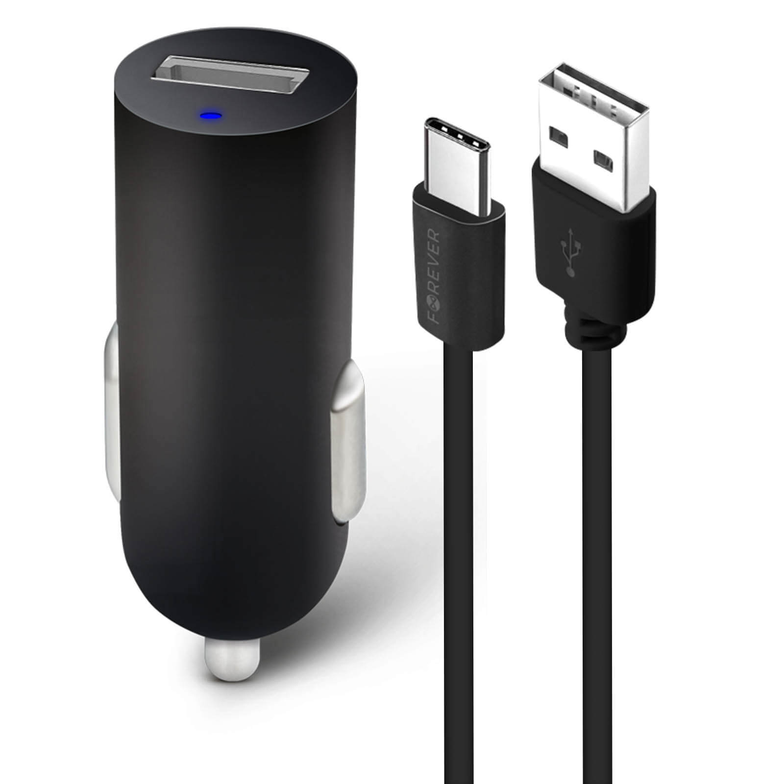 Schwarzes Autoladegerät mit USB-Anschluss und USB-C-Kabel. Das Ladegerät ist zylindrisch.