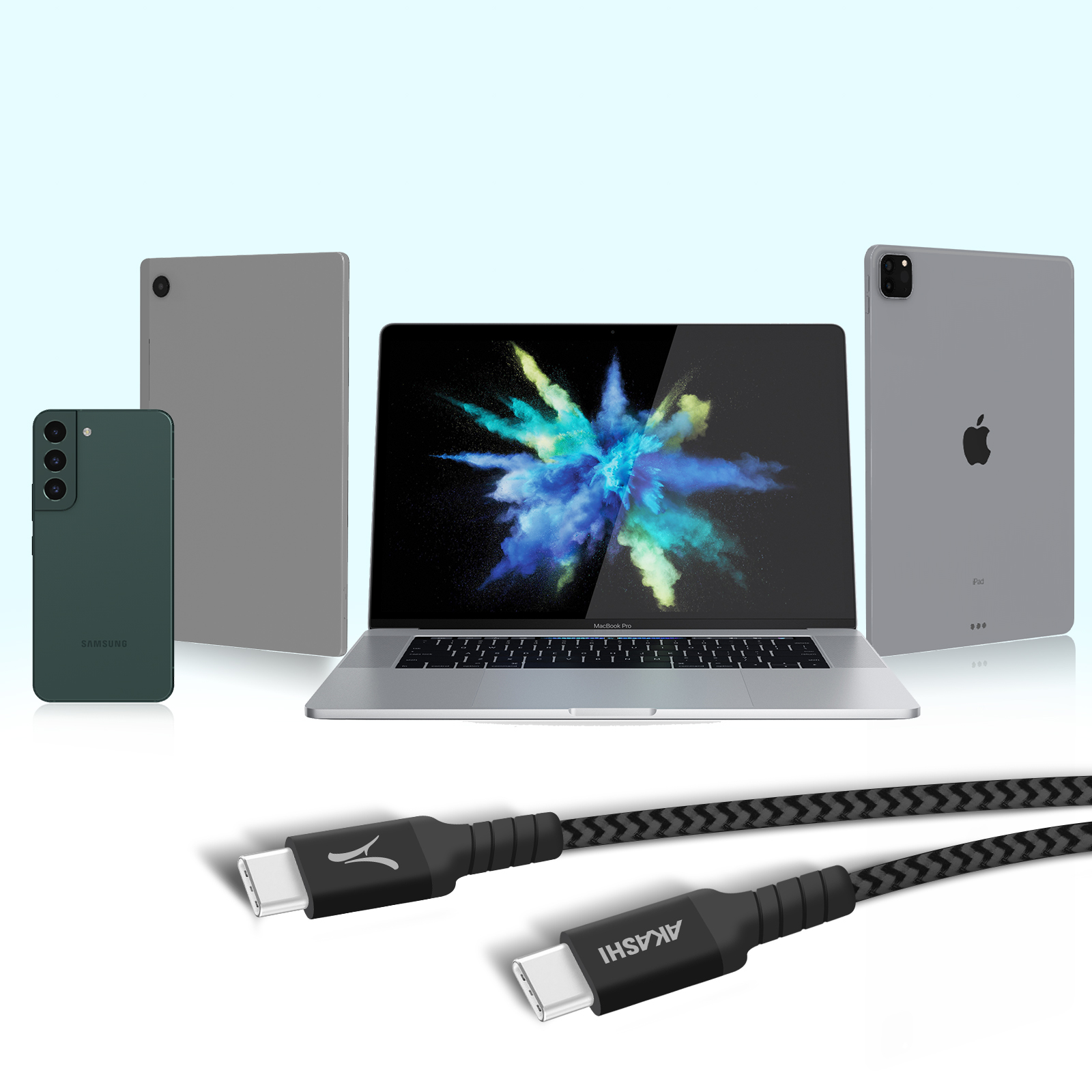 Dispositivi multipli: un telefono, un tablet, un laptop e cavi. I dispositivi e i cavi sono neri.