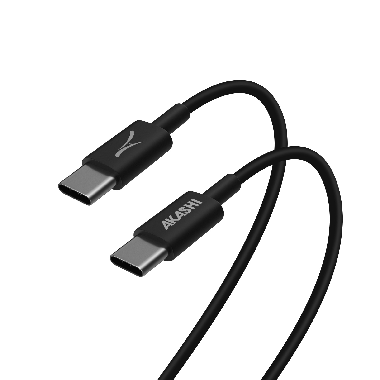 Due cavi USB-C neri, logo AKASHI, su sfondo bianco. I cavi hanno estremità grigie.