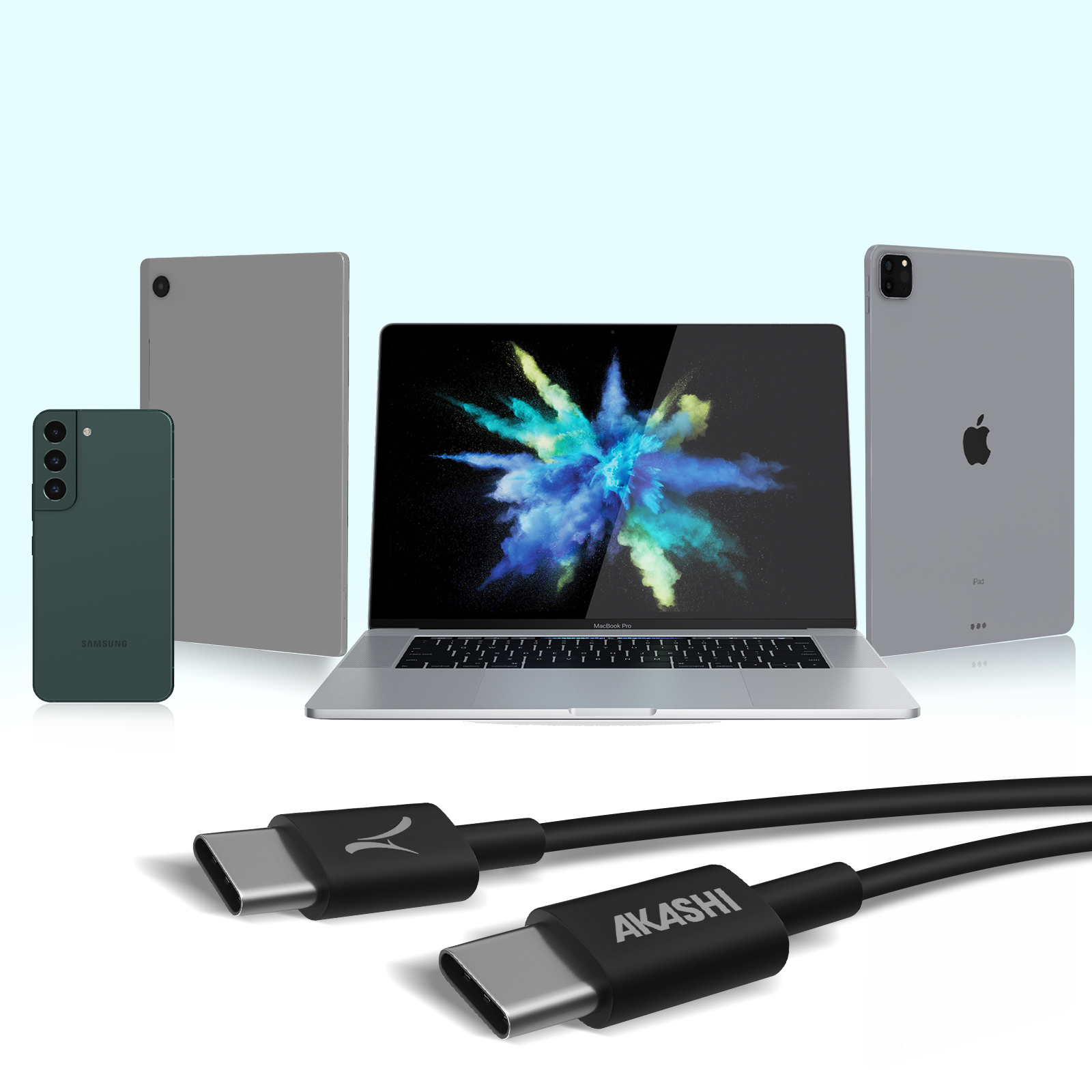 Un laptop, tablet e un telefono con cavi USB-C. La scena è azzurra. Prodotti da Akashi.