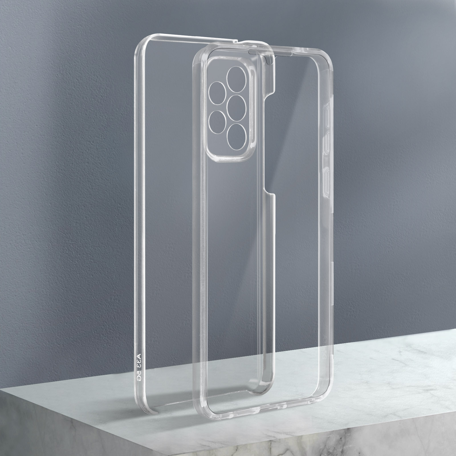 Coque de téléphone transparente, montrant l'arrière et les bords du téléphone, sur une surface.
