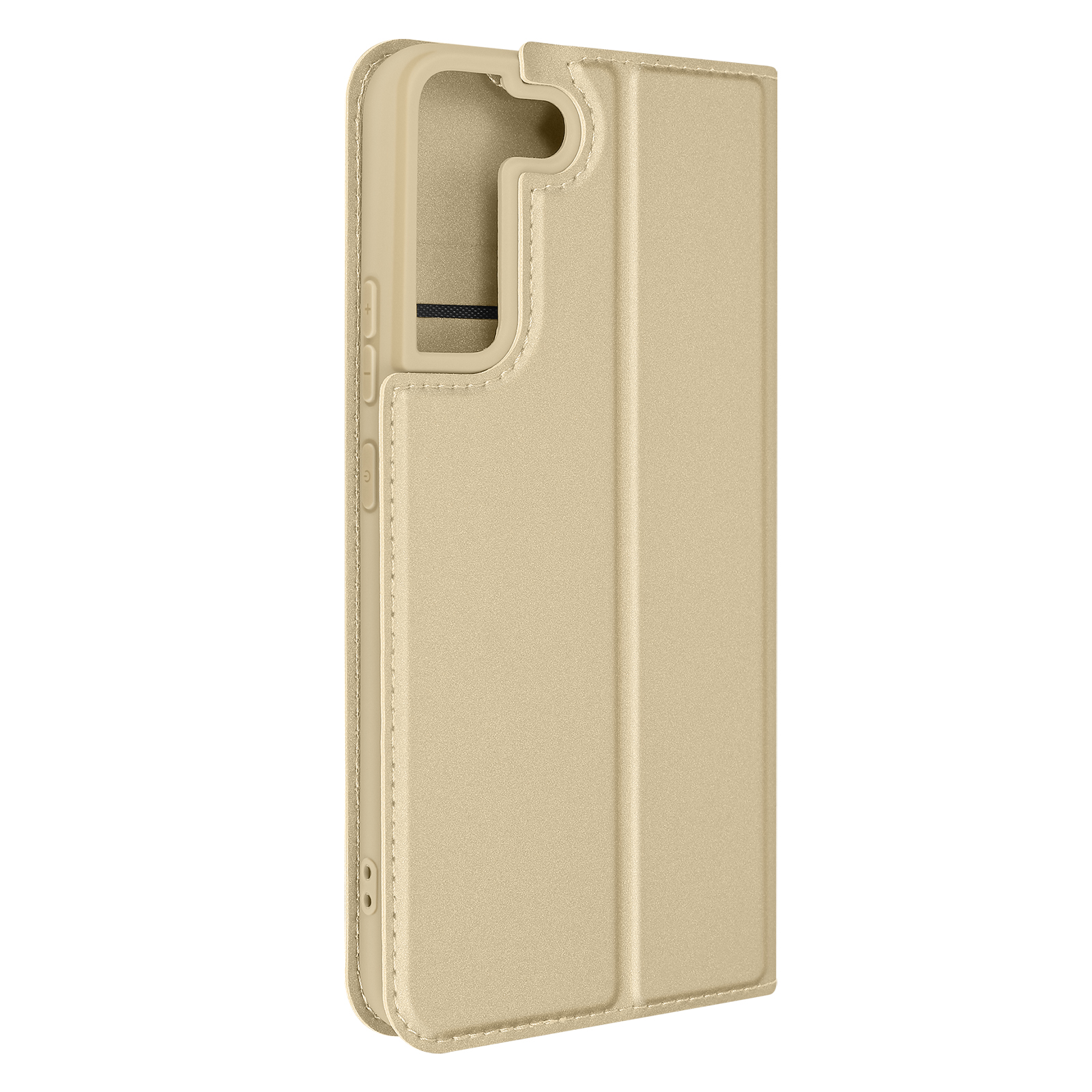 Custodia per telefono beige. La custodia è aperta. Offre un design protettivo. La custodia ha un'apertura laterale.