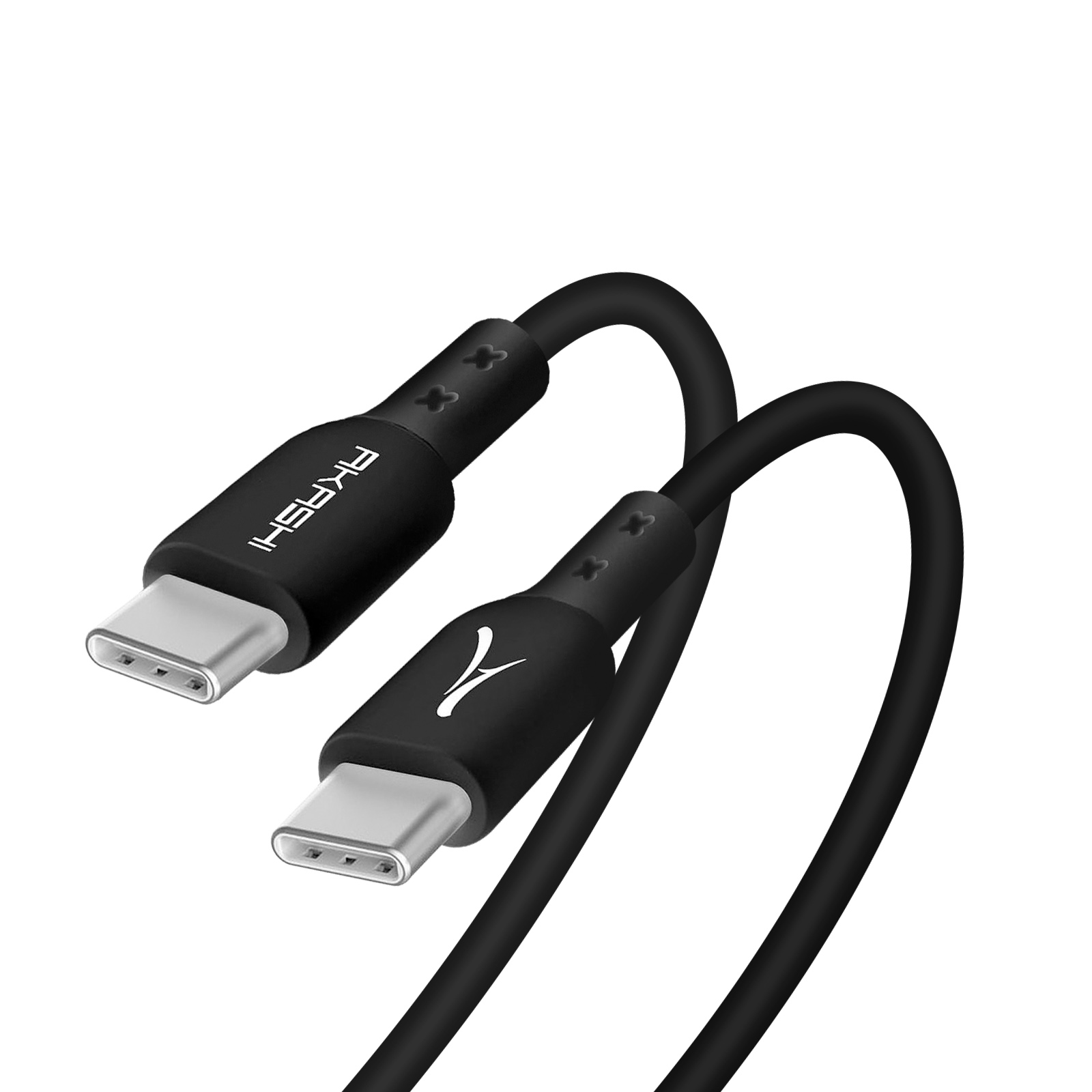 Due cavi USB-C neri con logo Akashi su sfondo bianco.