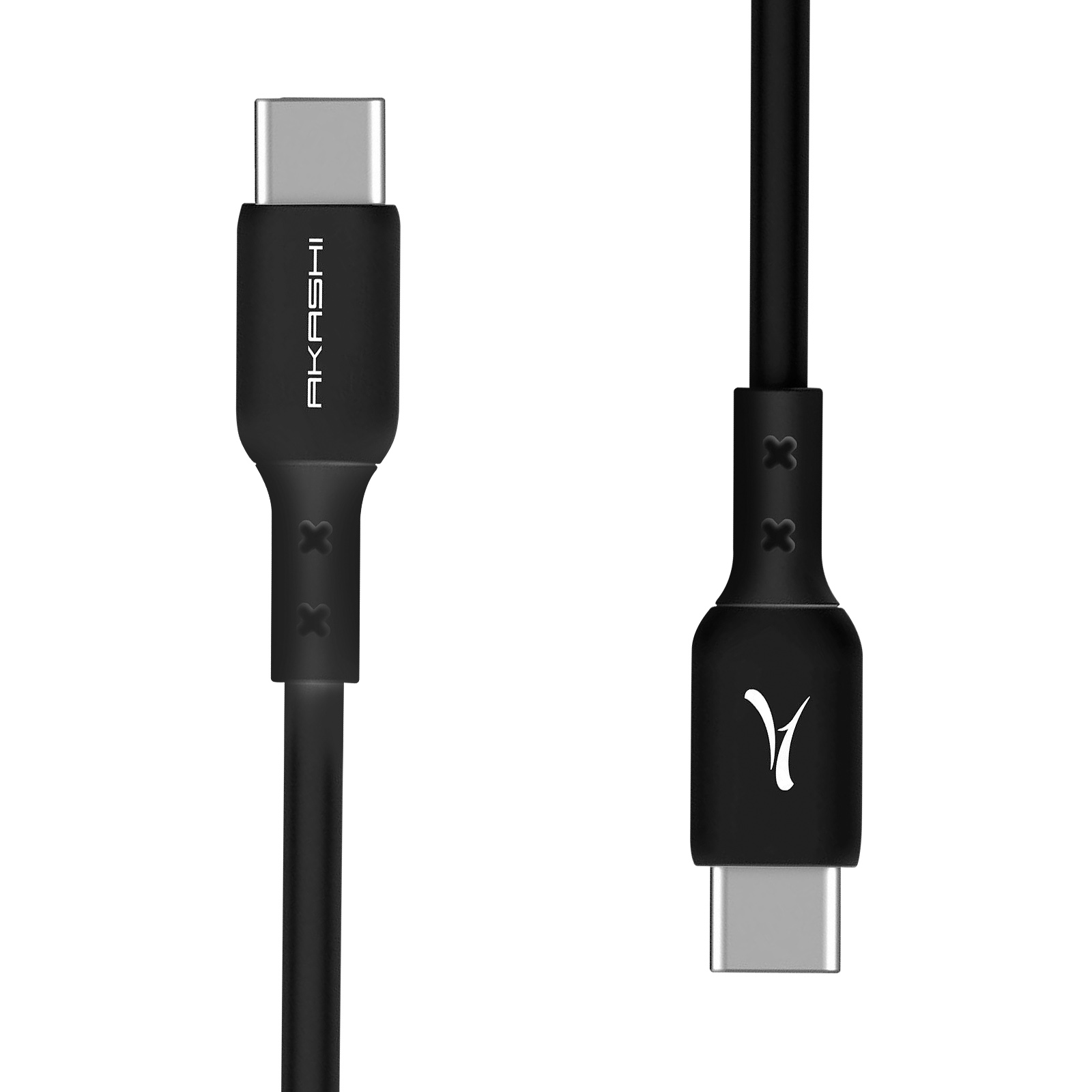 Due cavi USB-C neri, uno con 'AKASHI' e l'altro con un logo 'Y'.