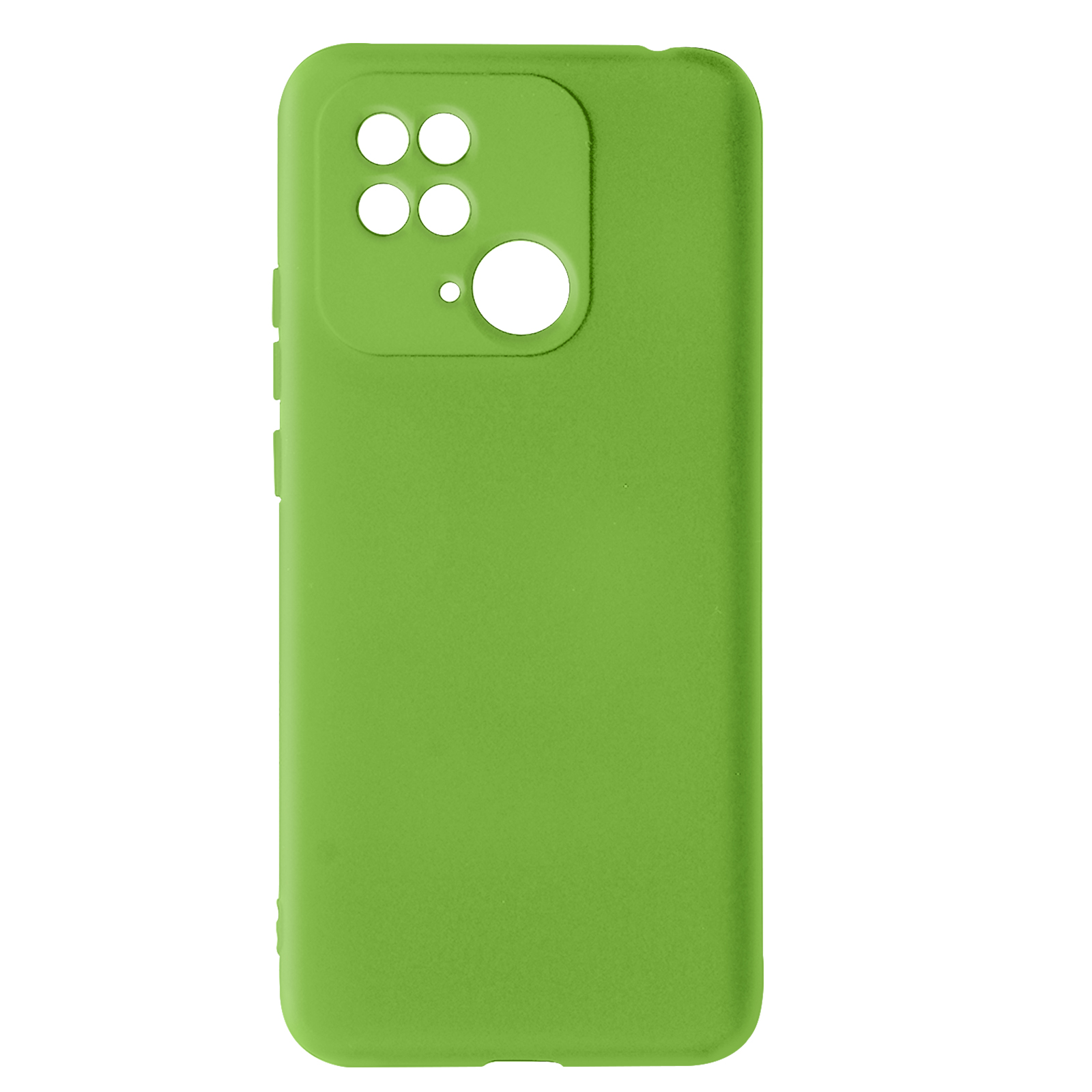 Groene telefoonhoes. Het heeft openingen voor de camera, flitser en knoppen. Het oppervlak is glad.
