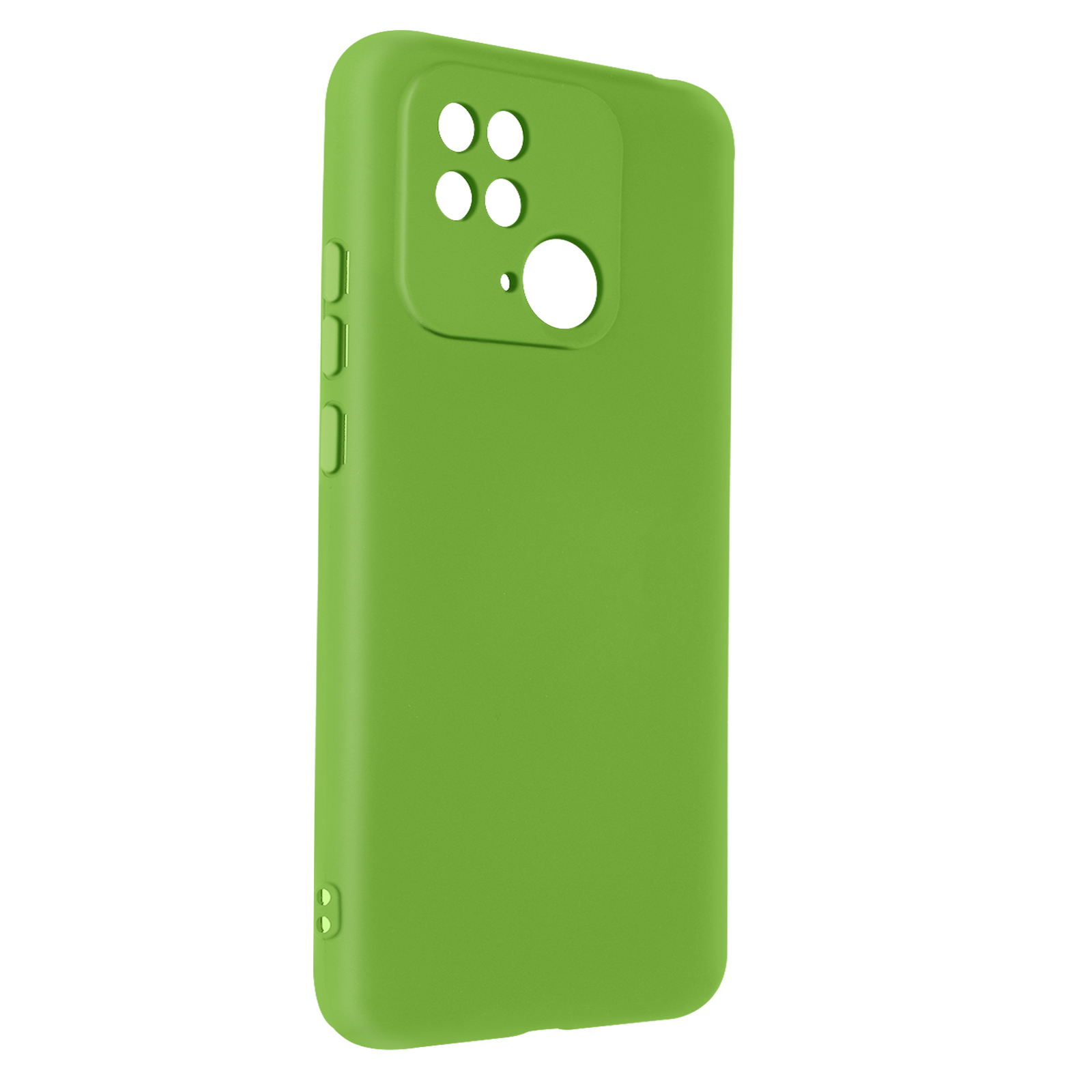 Groene telefoonhoes, met uitsparingen voor camera en knoppen.