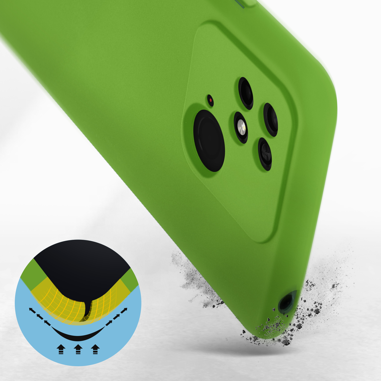 Groene telefoonhoes, onderste detail, met vallende deeltjes.