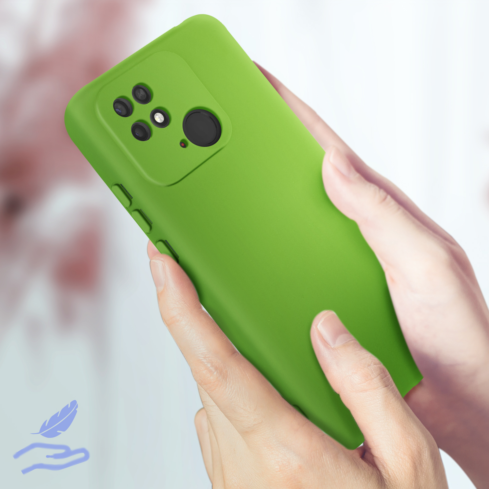 Hand die een groene telefoonhoes vasthoudt. Zachte aanraking indicatie.