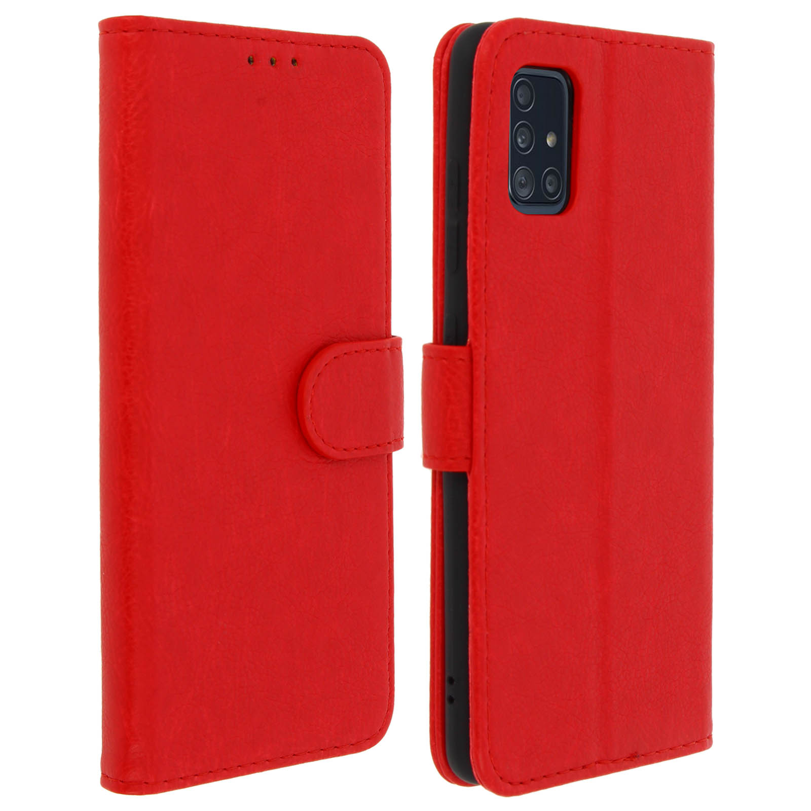 Étui rouge style portefeuille, ouvert à gauche, révélant un téléphone à droite.
