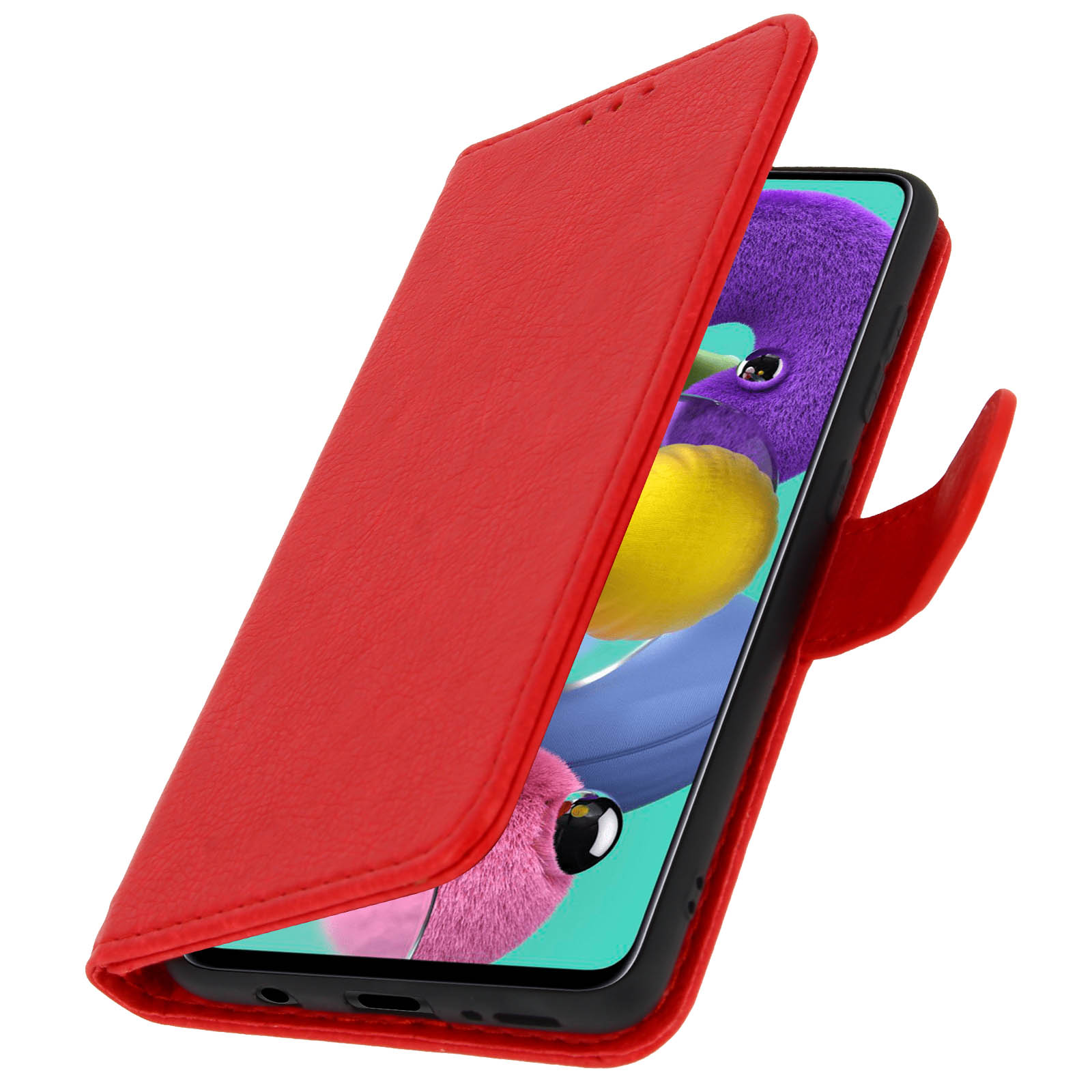 Een rode telefoonhoes is open en toont een telefoon met een kleurrijk scherm.
