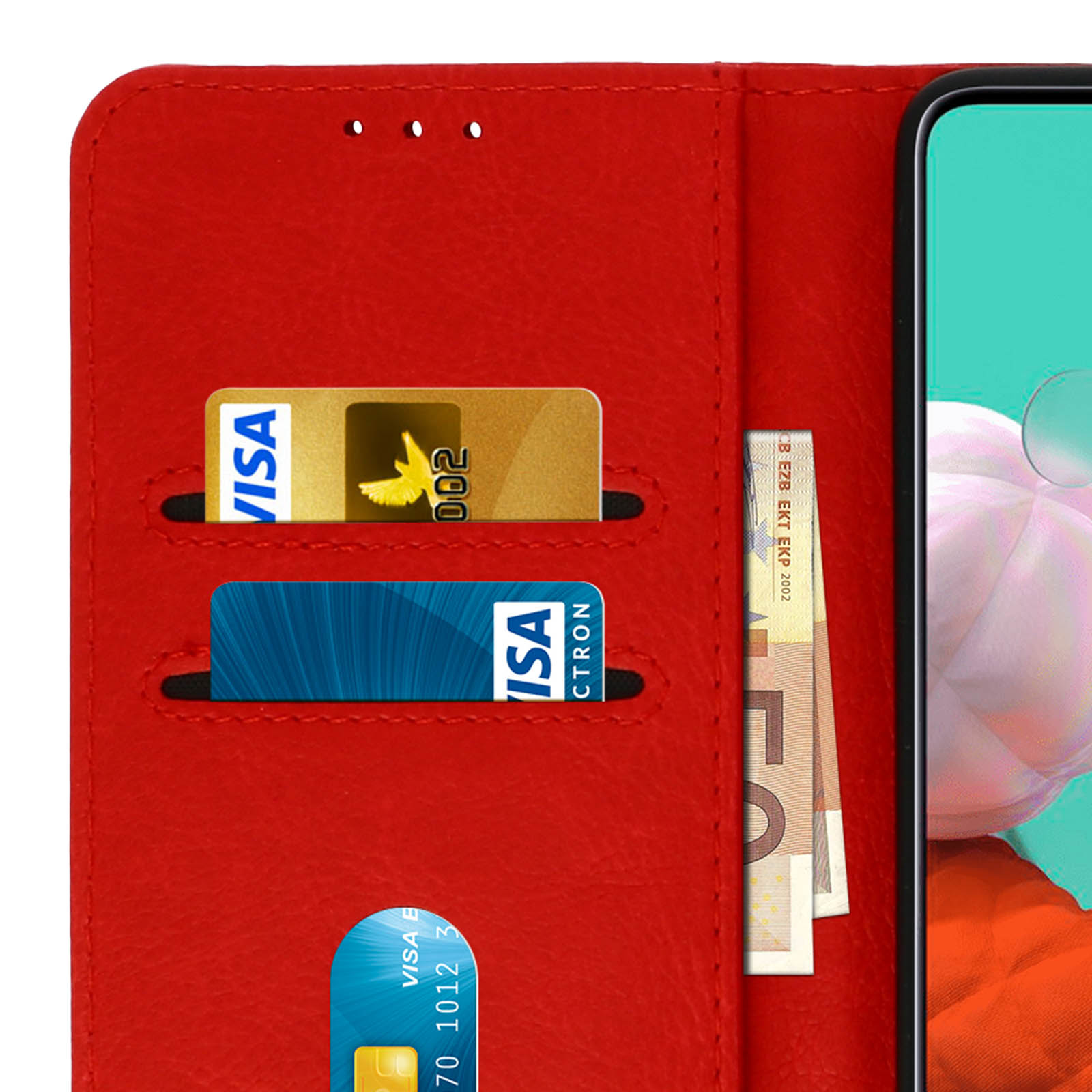 Coque de téléphone rouge avec fentes pour cartes et espèces, montrant une carte de crédit et de l'argent.