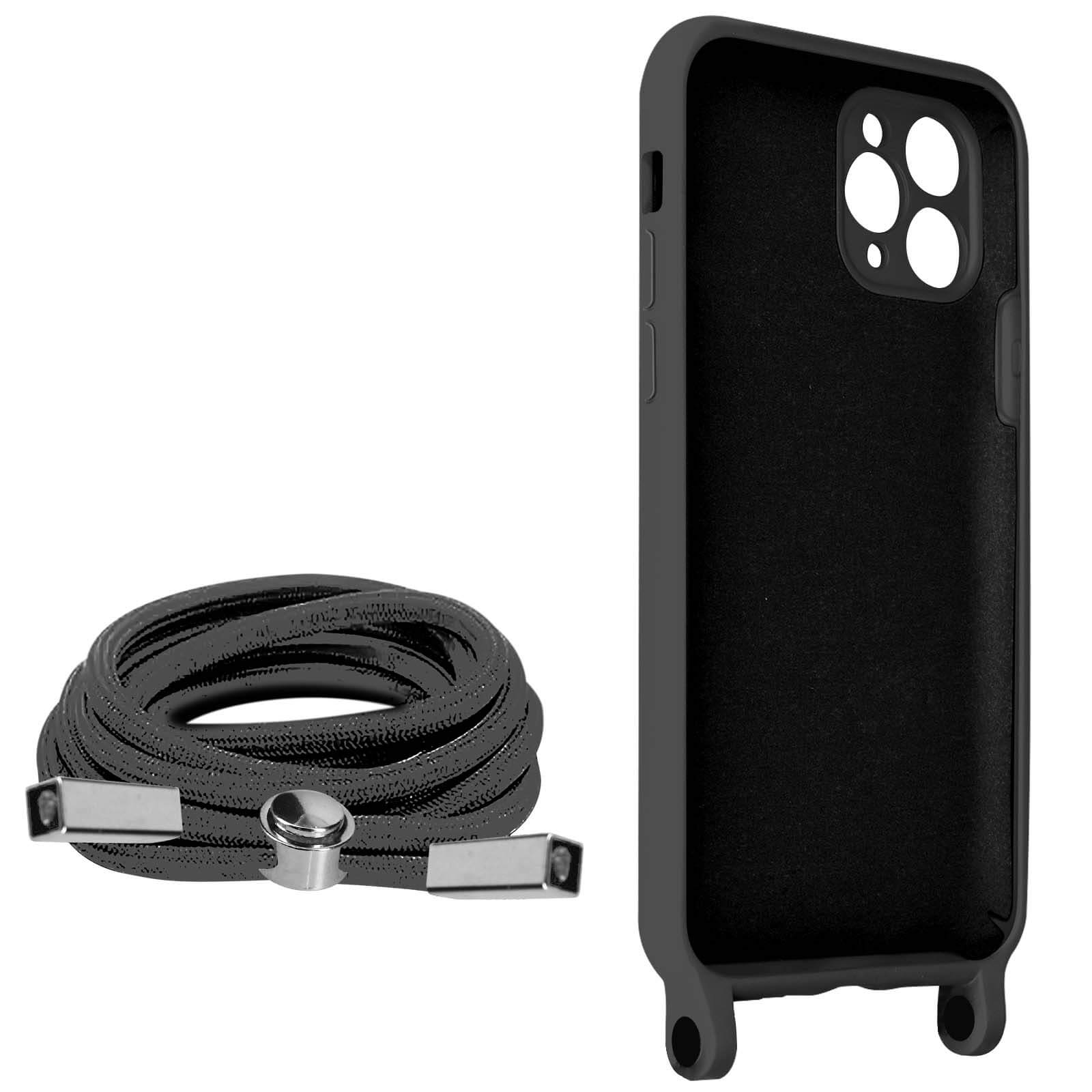 Coque de téléphone noire avec une lanière. L'étui est noir, et la lanière est une corde noire tressée avec des détails argentés.