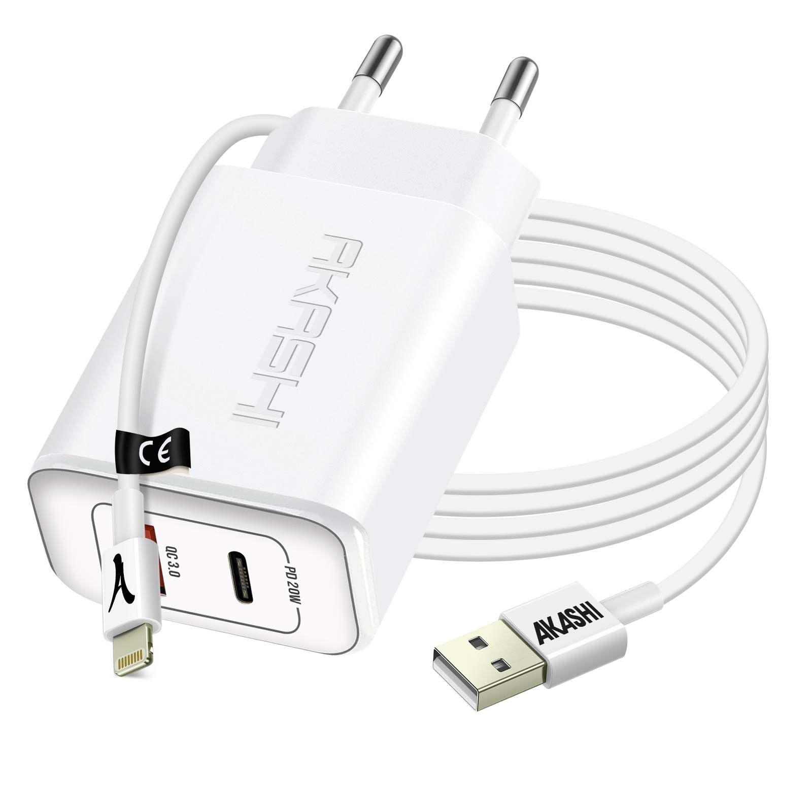 Netzteil Lightning-Kabel Netzteile Apple, Weiß + AKASHI 20W