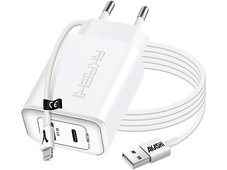 + Lightning-Kabel AKASHI Apple, Weiß Netzteil Netzteile 20W