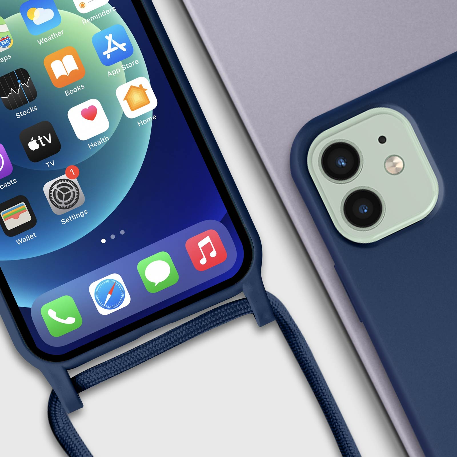 Ein blaues Telefon mit Lanyard und Symbolen neben einem lila Telefon. Nahaufnahme.