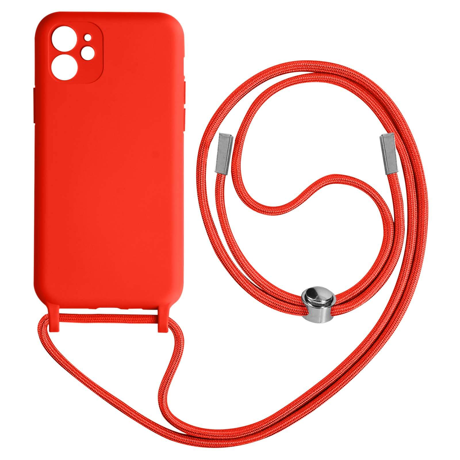 Coque de téléphone rouge avec cordon assorti. Fond blanc.