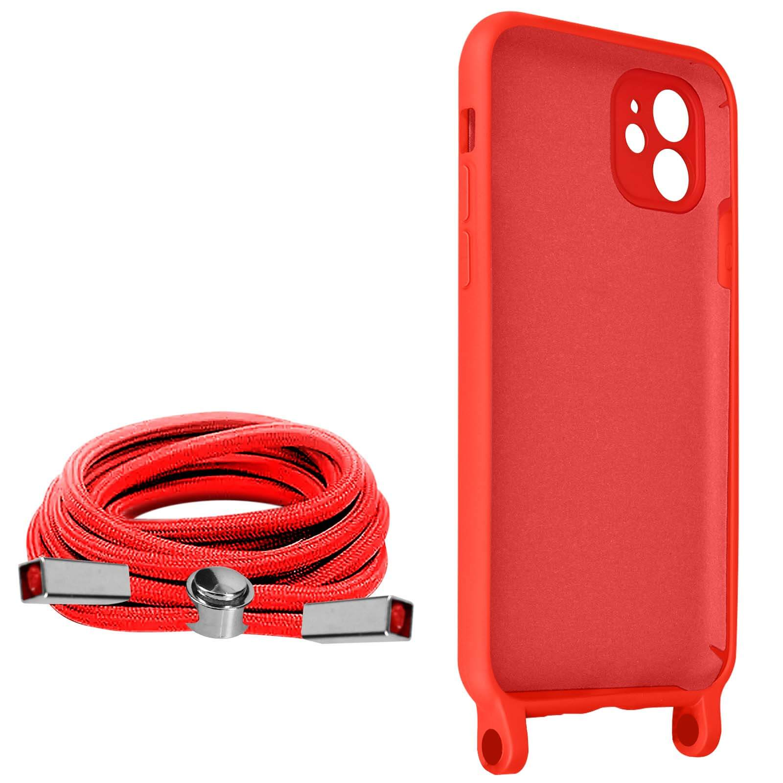 Une coque de téléphone rouge et un cordon rouge avec des fixations argentées. L'étui a une boucle pour le cordon.