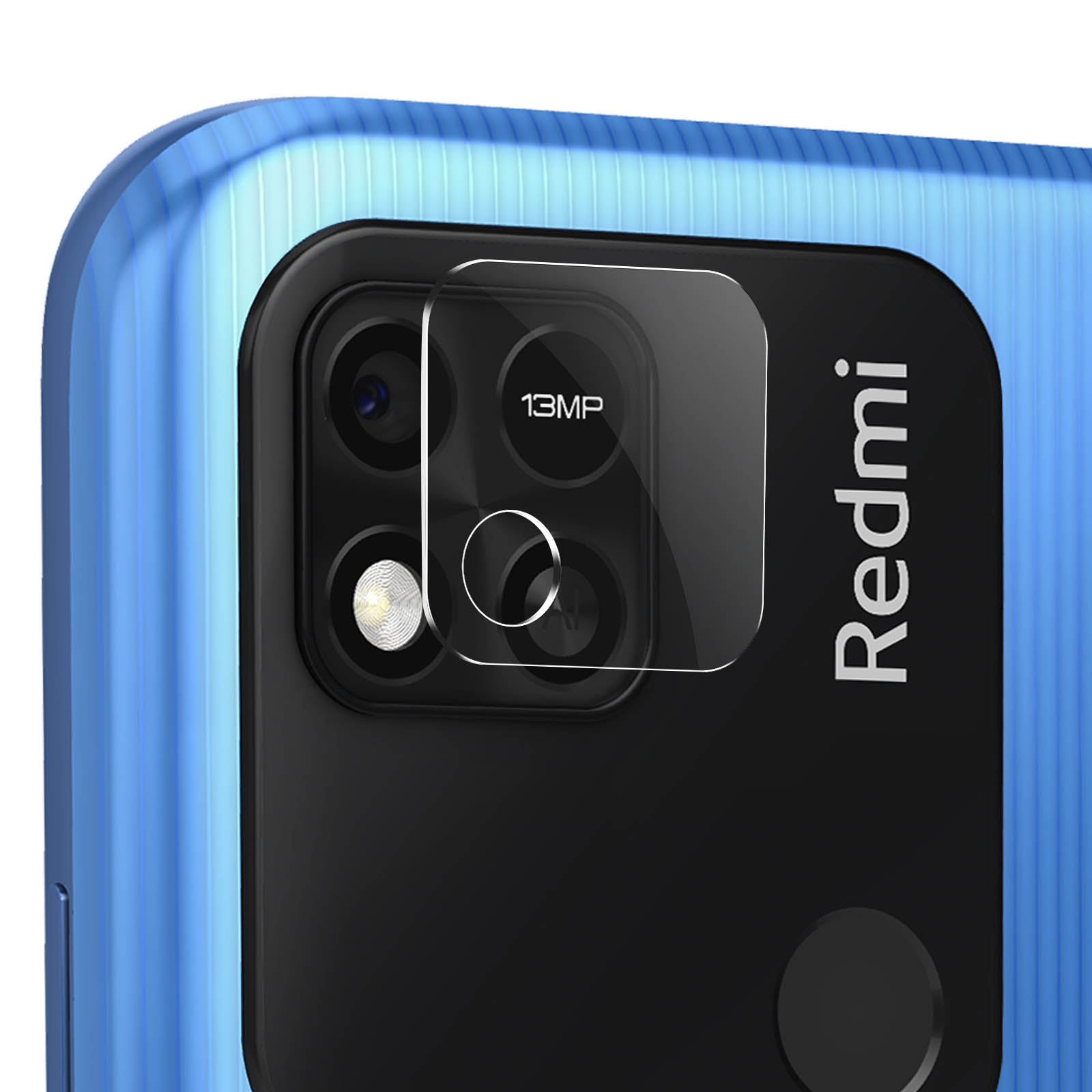 Parte trasera del teléfono con cámara. El protector de lente está instalado y el logotipo de Redmi es visible.