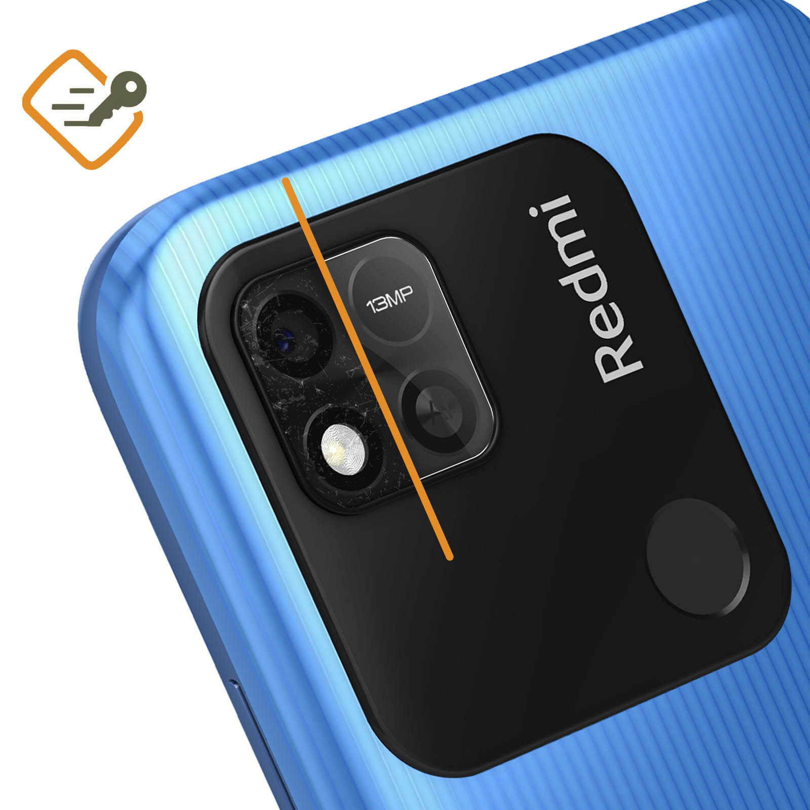 Primer plano del módulo de la cámara del teléfono. El teléfono es azul. Logotipo de Redmi.