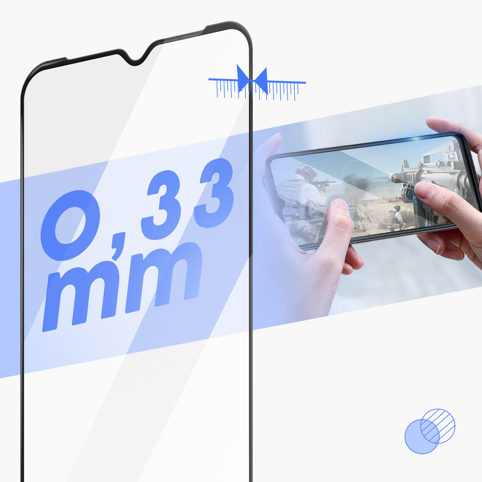 Un proteggi schermo con il testo '0,33 mm' e un telefono che mostra una scena di gioco.
