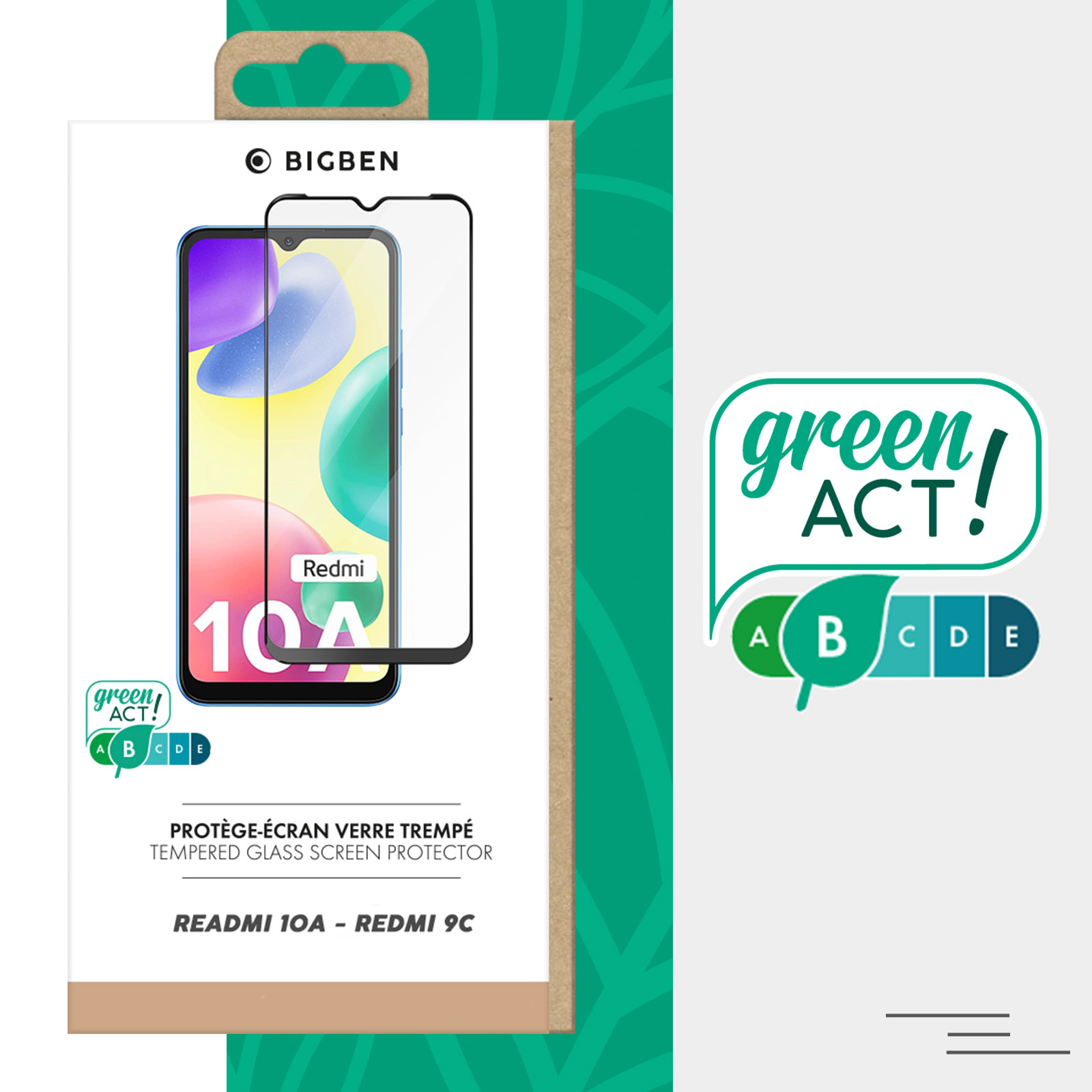 Confezione di protezione schermo con immagine del telefono e logo verde act.