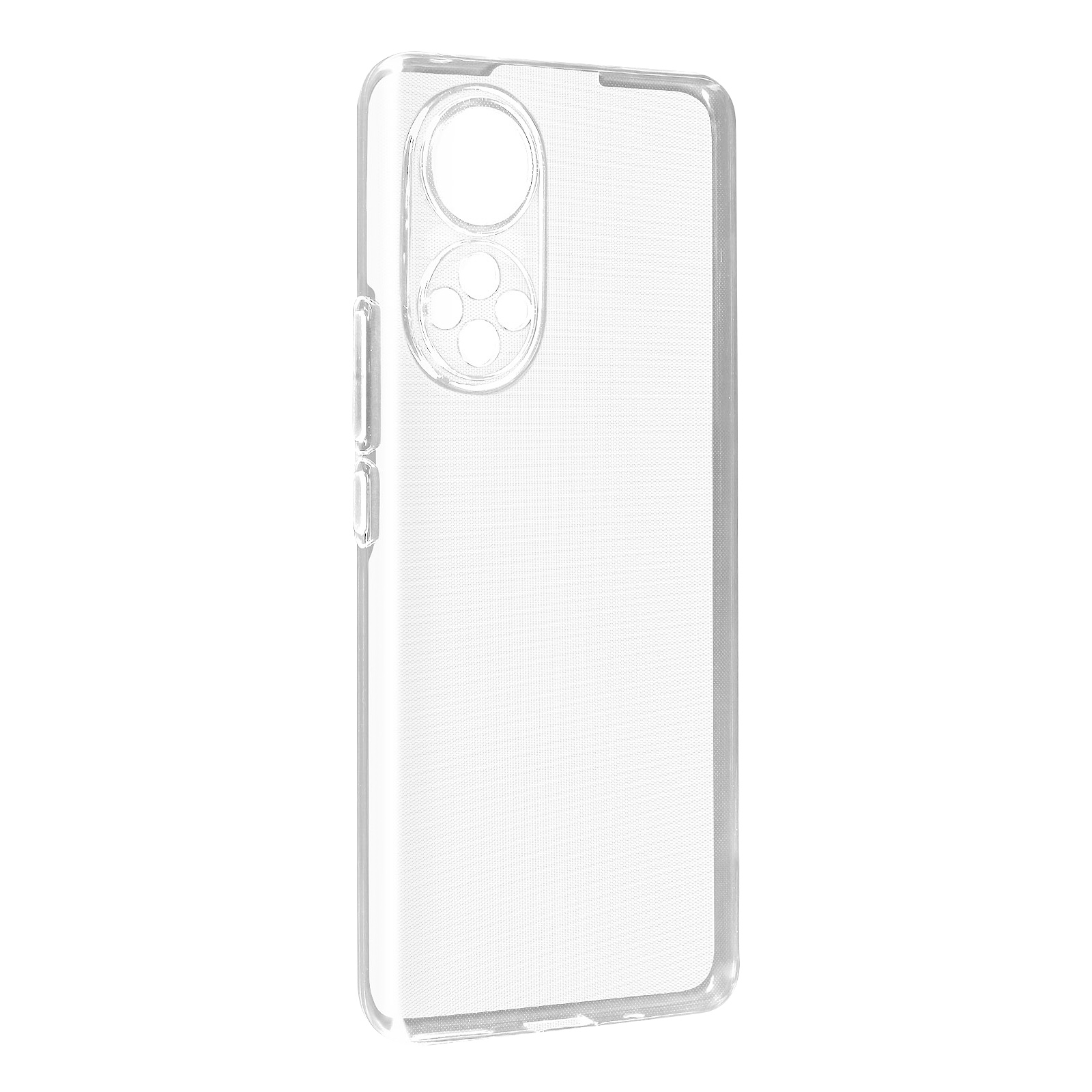 Custodia per telefono trasparente. È trasparente e ha un ritaglio per la fotocamera. Sfondo bianco.