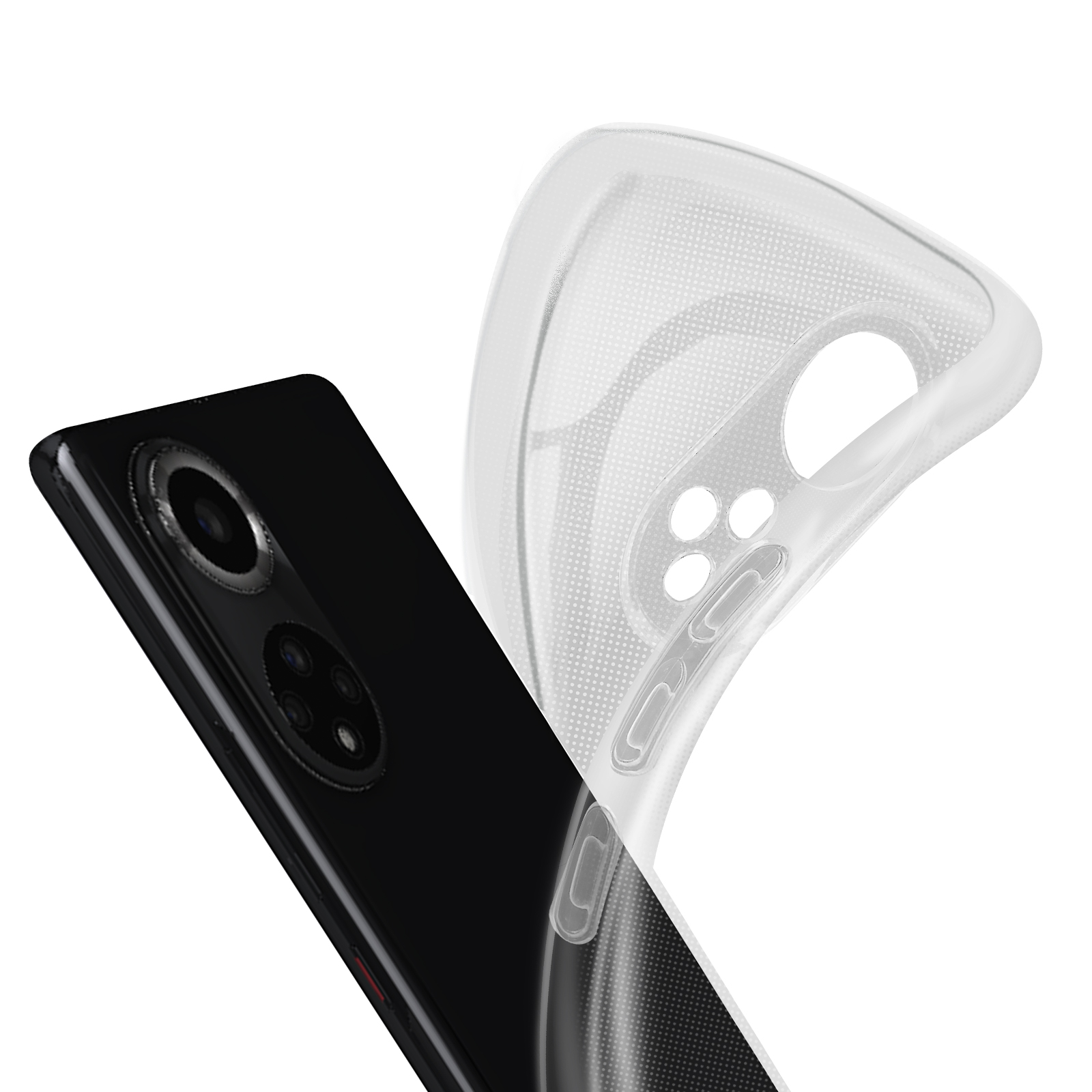Telefono nero con custodia trasparente. Il telefono è visibile con le sue fotocamere e la custodia è a destra.