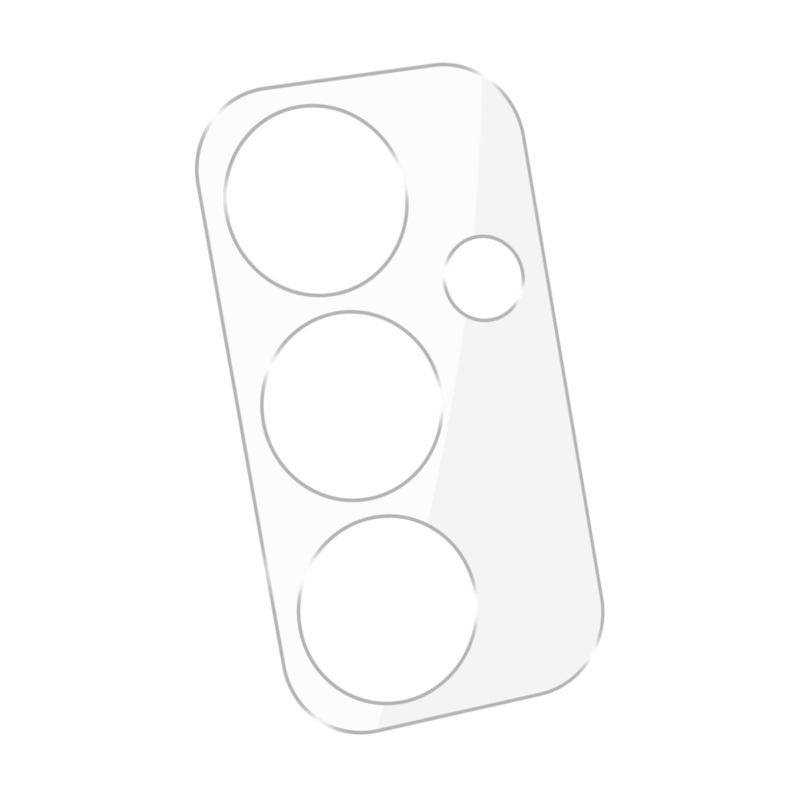 Een beschermer voor de cameralens van een telefoon. Het heeft drie ronde lensopeningen en een kleinere.