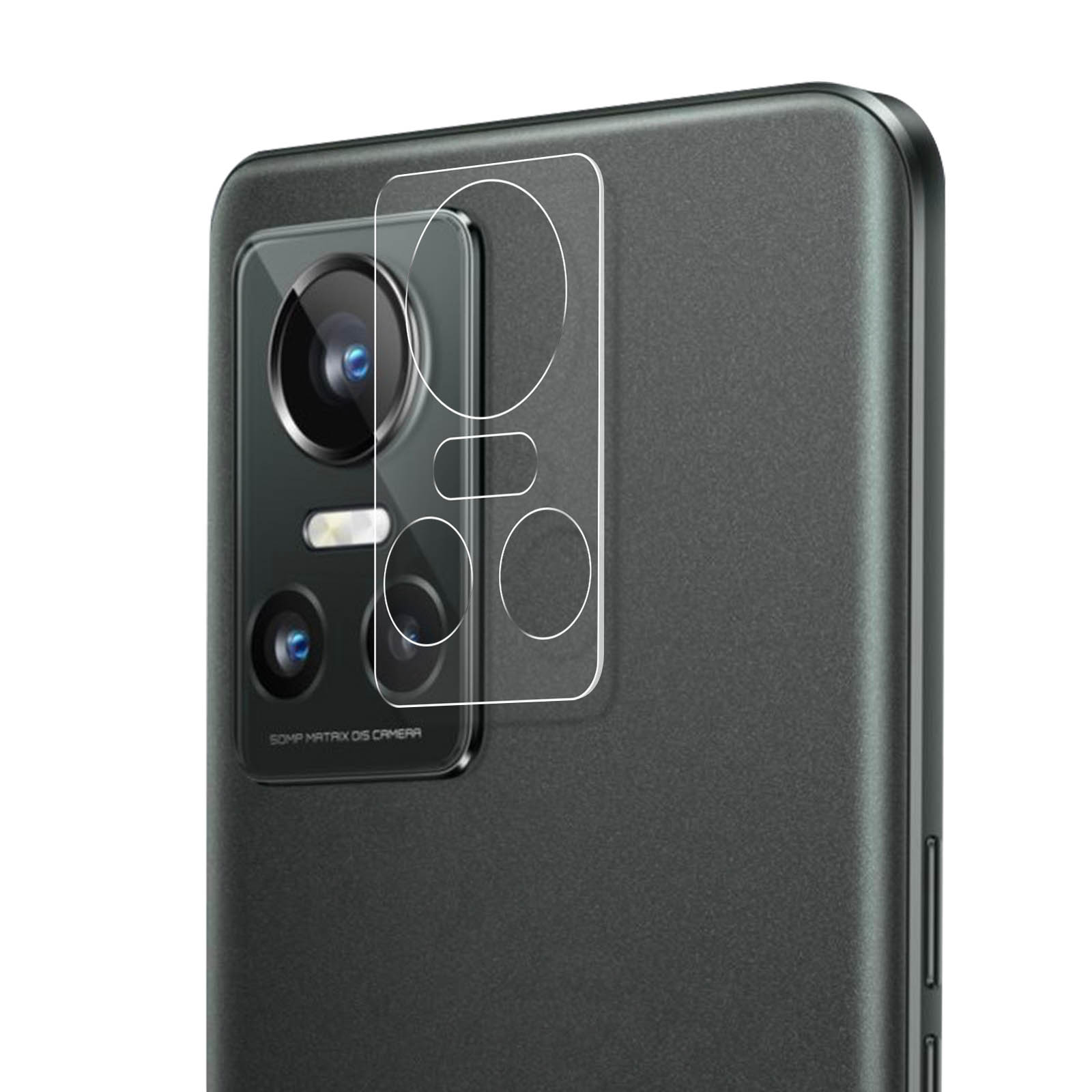 Retro del telefono con protezione fotocamera, mostra obiettivi e ritagli.