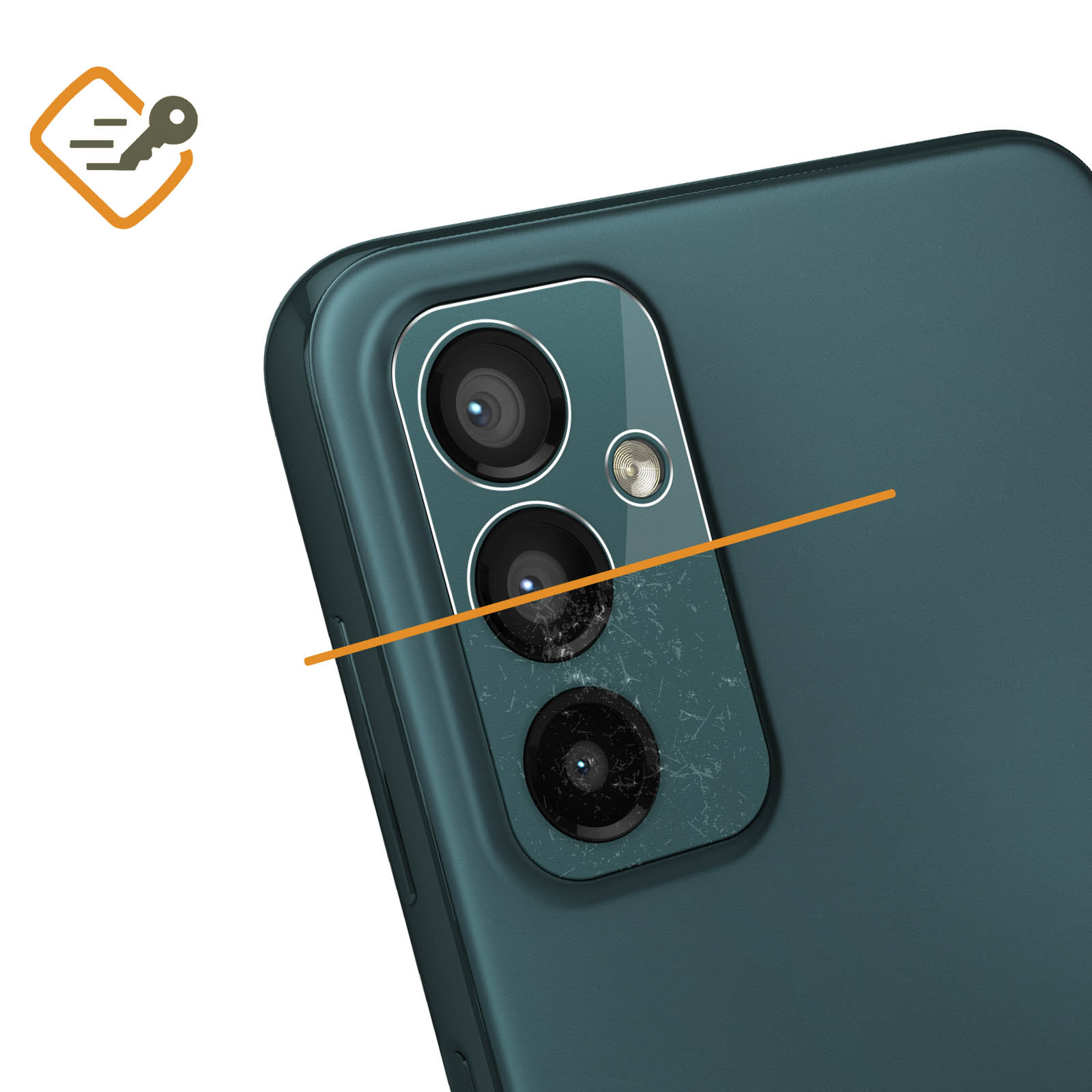 Close-up van de cameramodule van een teal telefoon. Een sleutelpictogram staat linksboven.