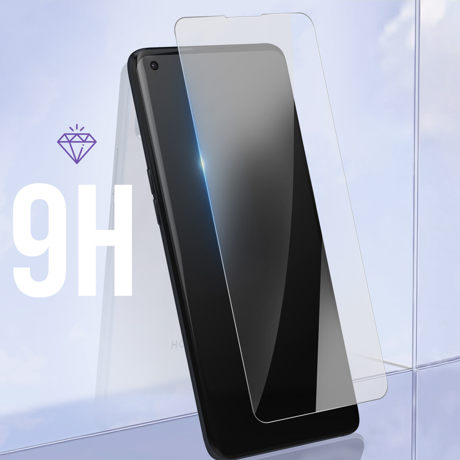 Een telefoon met een schermbeschermer aangebracht, met de tekst 9H en een diamantpictogram.