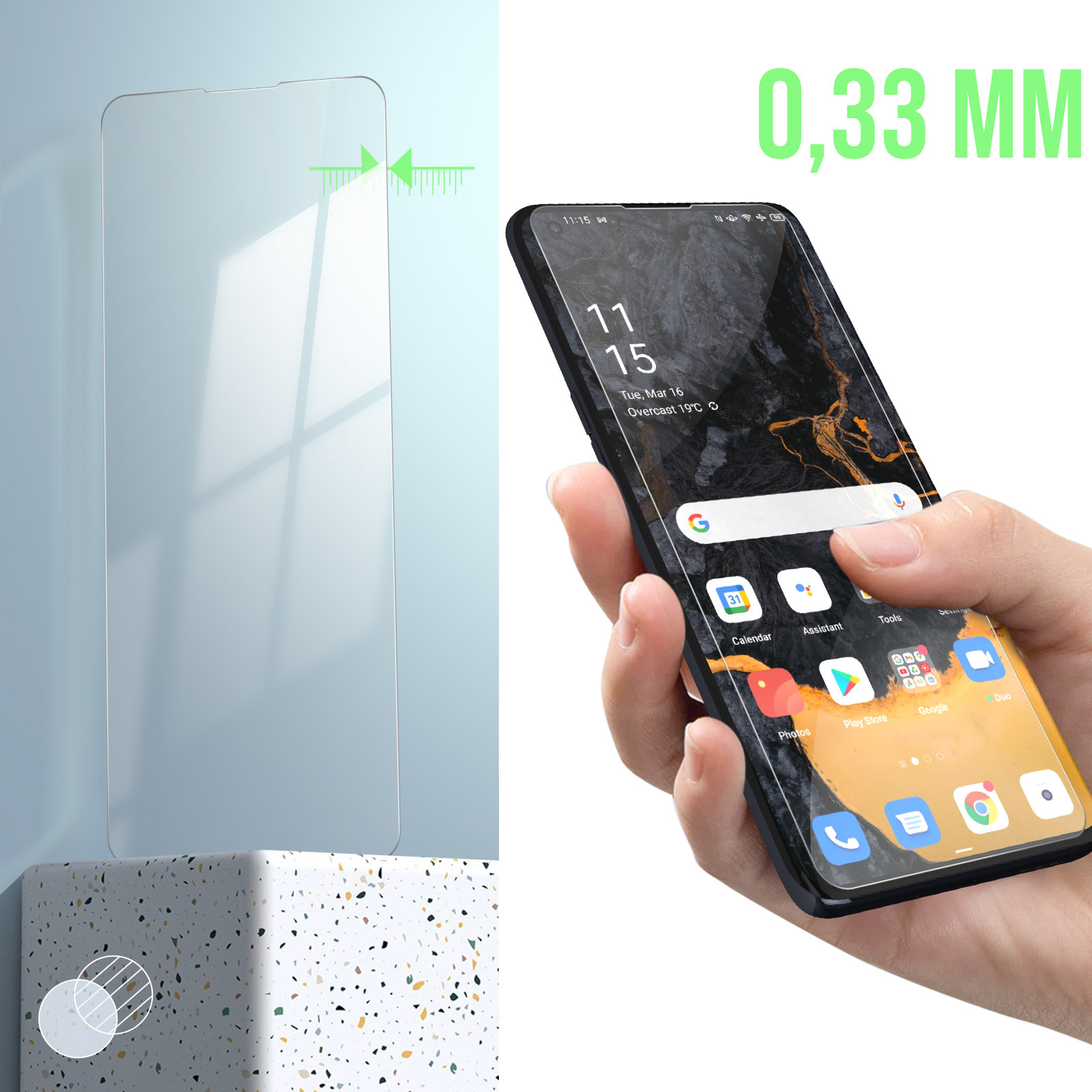 Een telefoon en een schermbeschermer. De beschermer is helder en naast de telefoon met pictogrammen op het scherm.