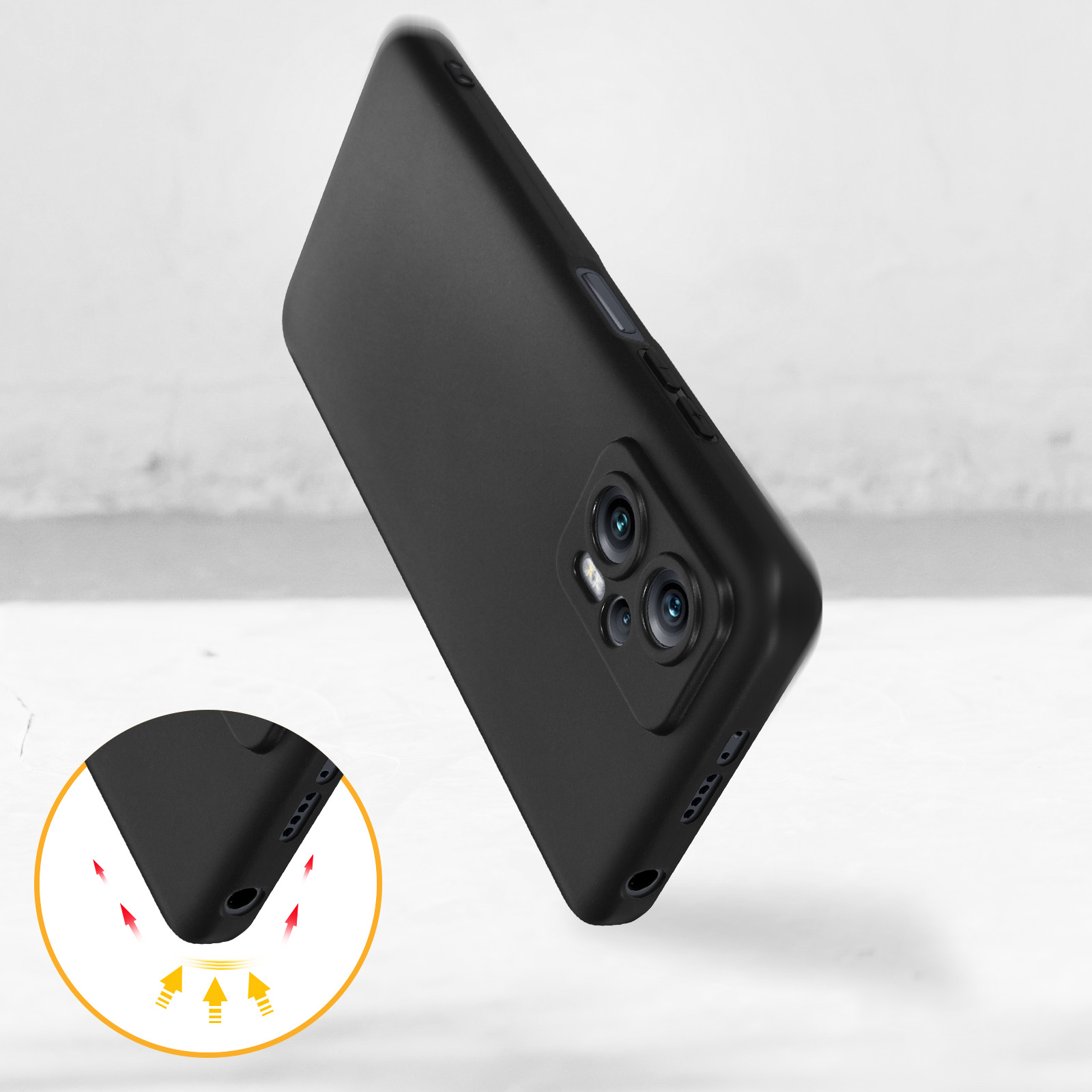 Schwarze Handyhülle mit Nahaufnahme der Kamera, mit einem Aufprallschutzdesign.