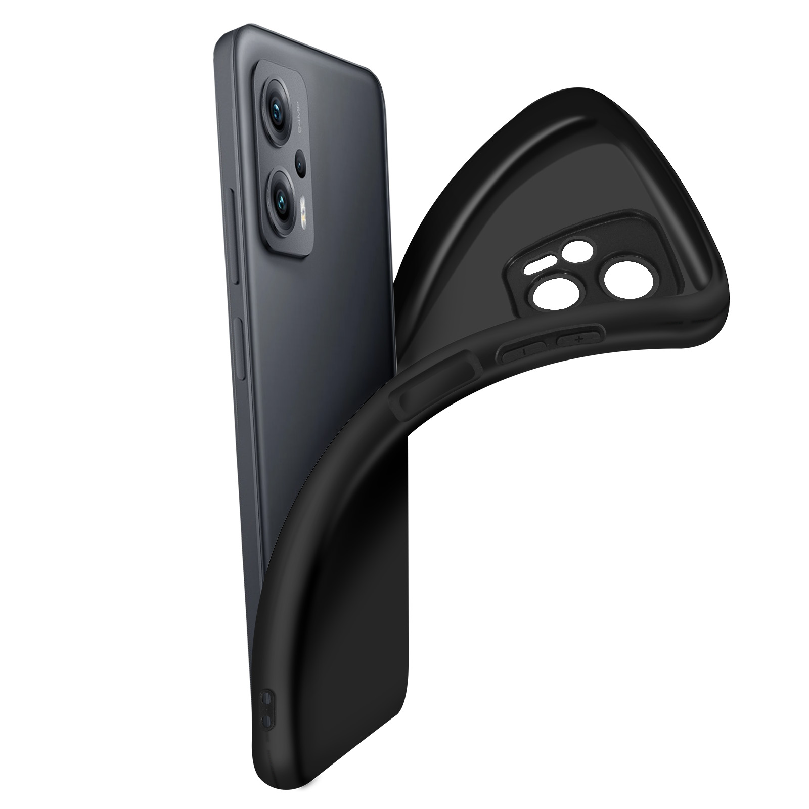 Schwarze Handyhülle wird von einem dunkelgrauen Telefon abgezogen. Die Innenseite der Hülle ist sichtbar.
