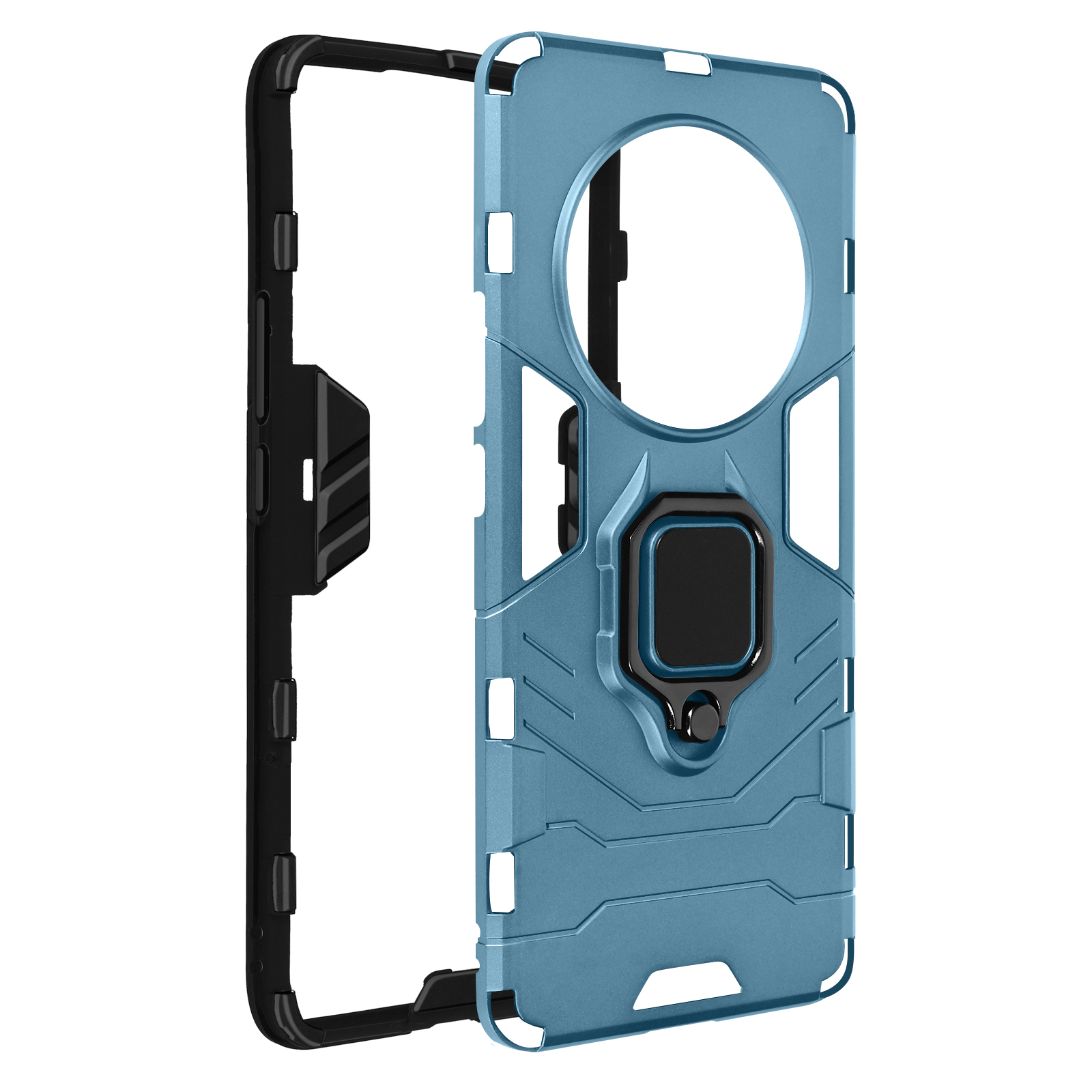 Custodia blu per telefono, smontata. Isolato su sfondo bianco. Cornice nera.