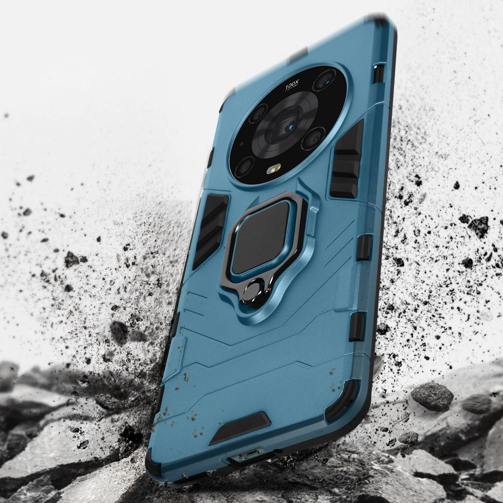 Custodia blu per telefono su rocce. La fotocamera è grande e centrata.