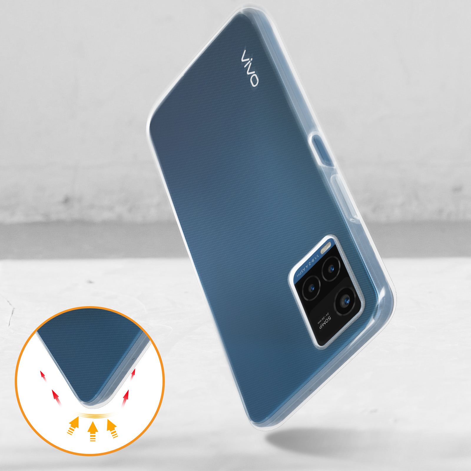 Un telefono è in una custodia trasparente con un design blu. Il design è sul retro del telefono.