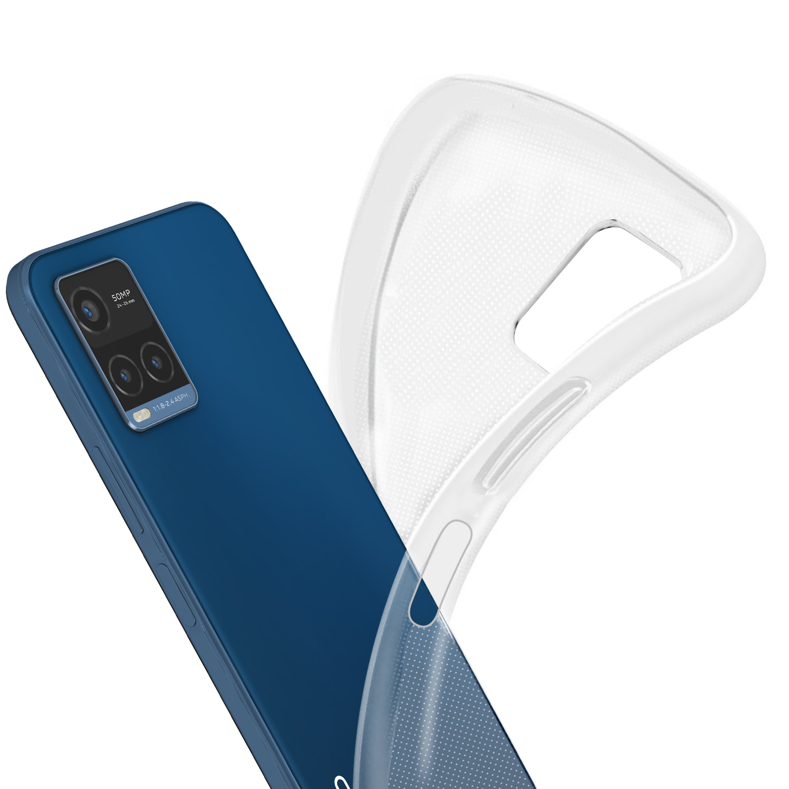 Custodia per telefono blu con una protezione trasparente. La custodia copre la parte posteriore del telefono. Sfondo bianco.