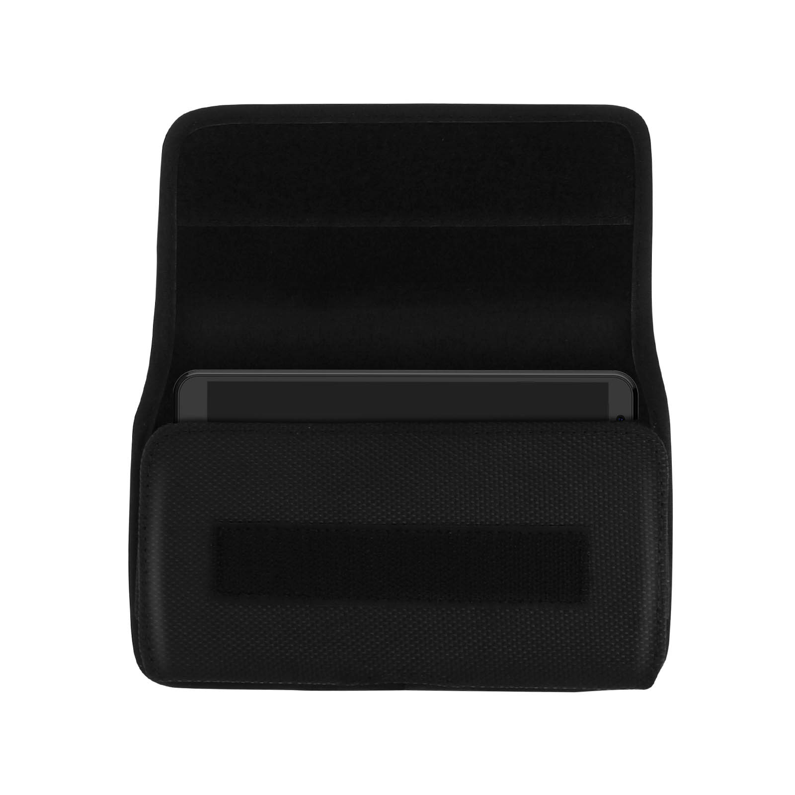 Fondina per telefono nera con chiusura a velcro, con un telefono all'interno.