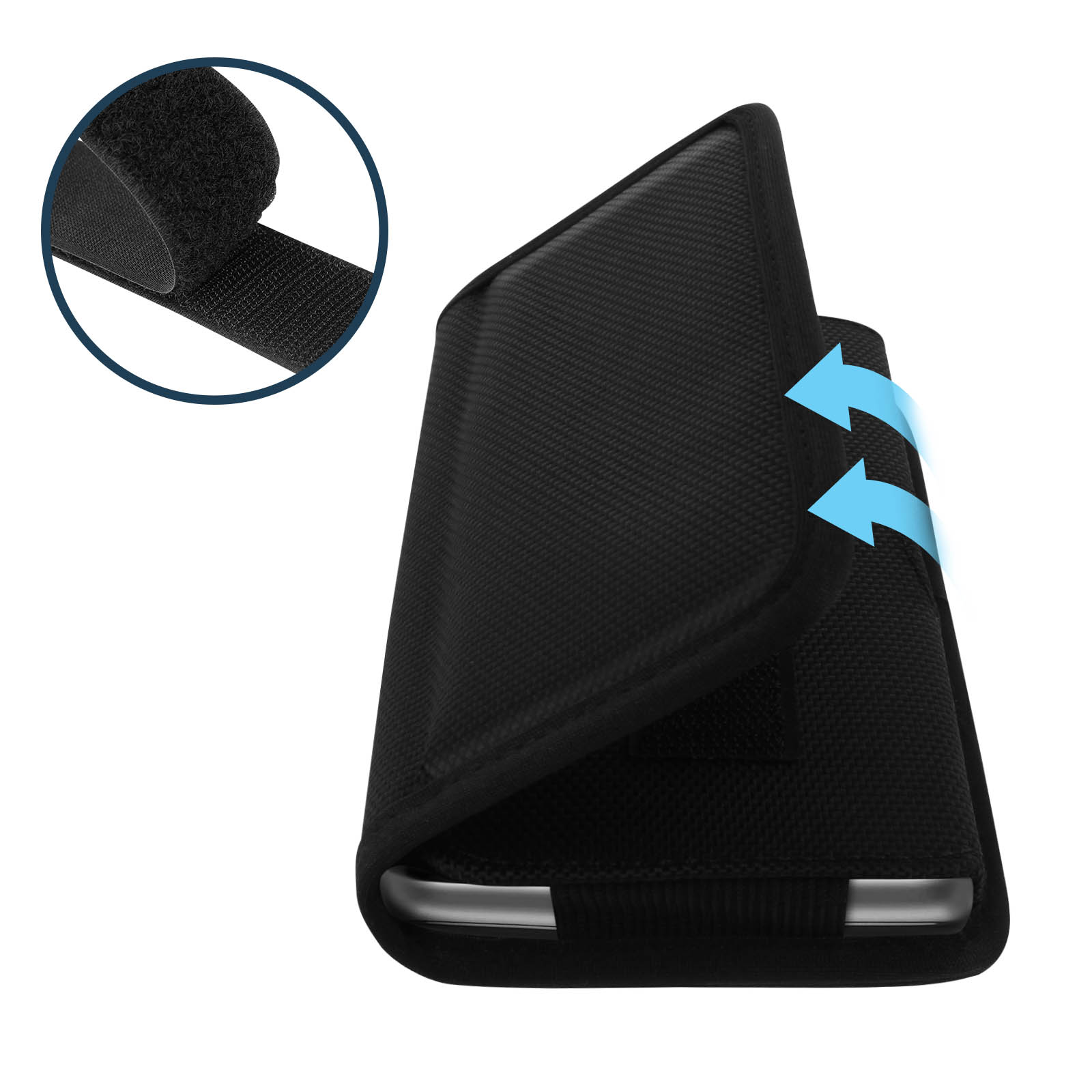 Una custodia per telefono nera con una chiusura in velcro. La custodia è parzialmente aperta.