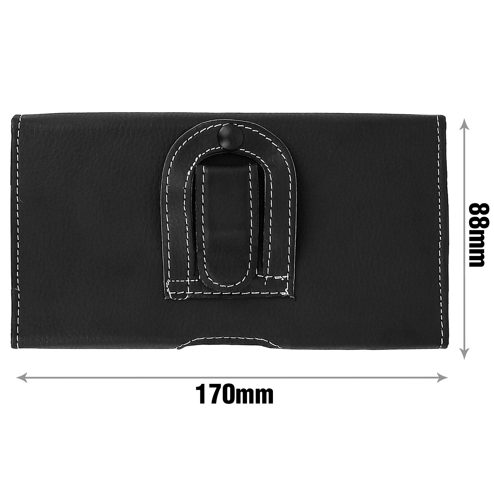 Una custodia per telefono nera con misure di 170 mm x 88 mm. Ha un clip da cintura.