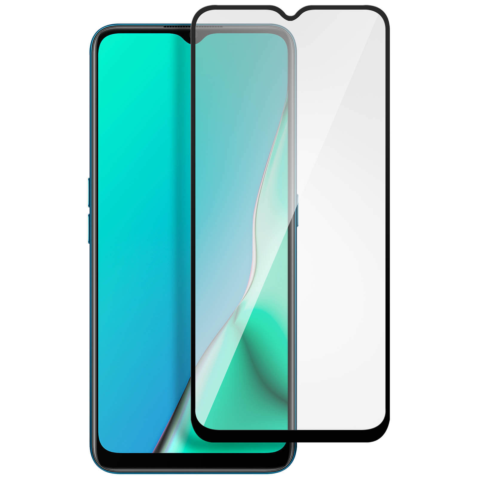 Uno smartphone con una protezione per lo schermo. Il telefono ha una sfumatura blu e verde acqua.
